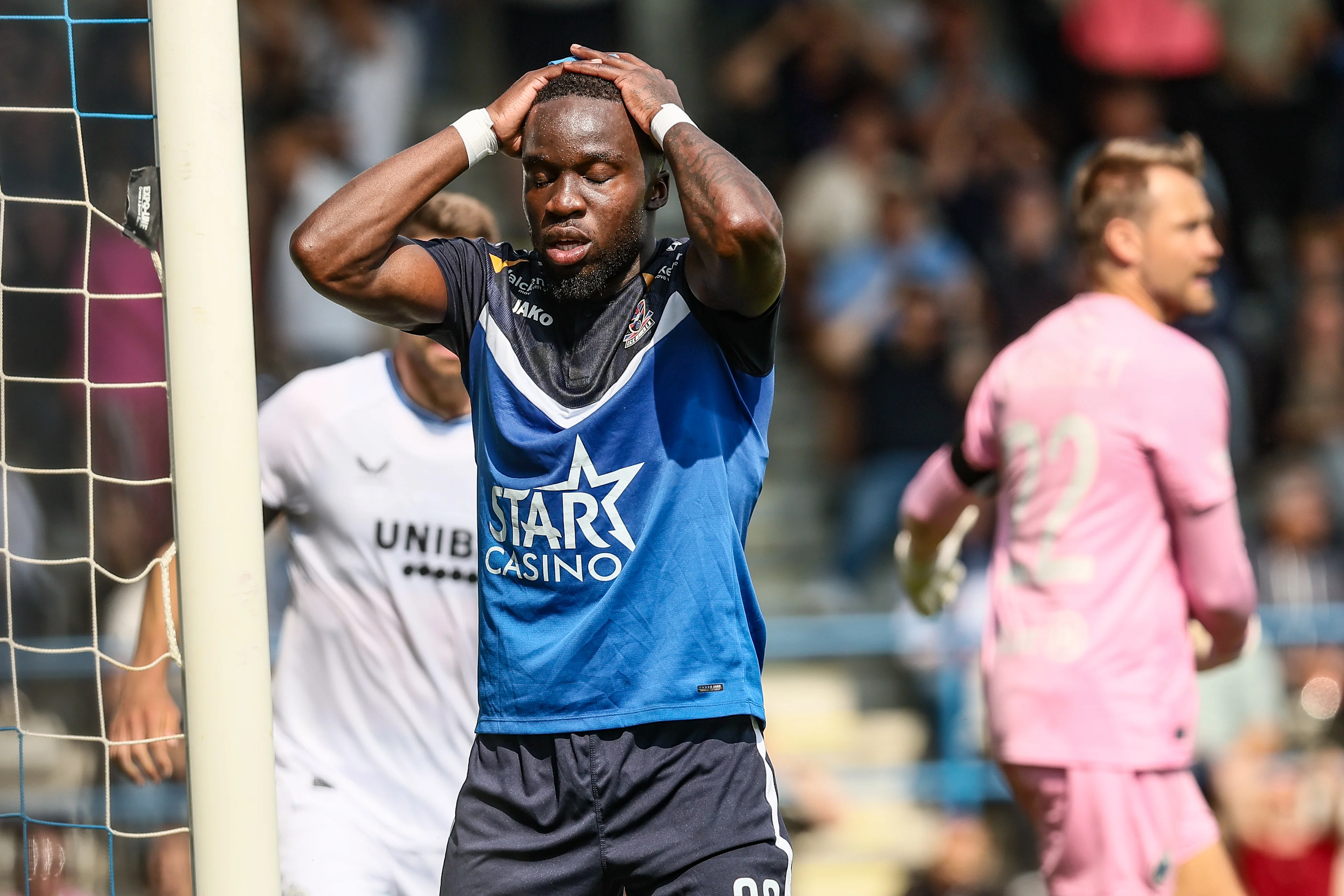 Dender's Jordy Soladio reacts during a soccer match between FCV Dender EH and Club Brugge, Sunday 25 August 2024 in Denderleeuw, on day 5 of the 2024-2025 season of the 'Jupiler Pro League' first division of the Belgian championship. BELGA PHOTO BRUNO FAHY