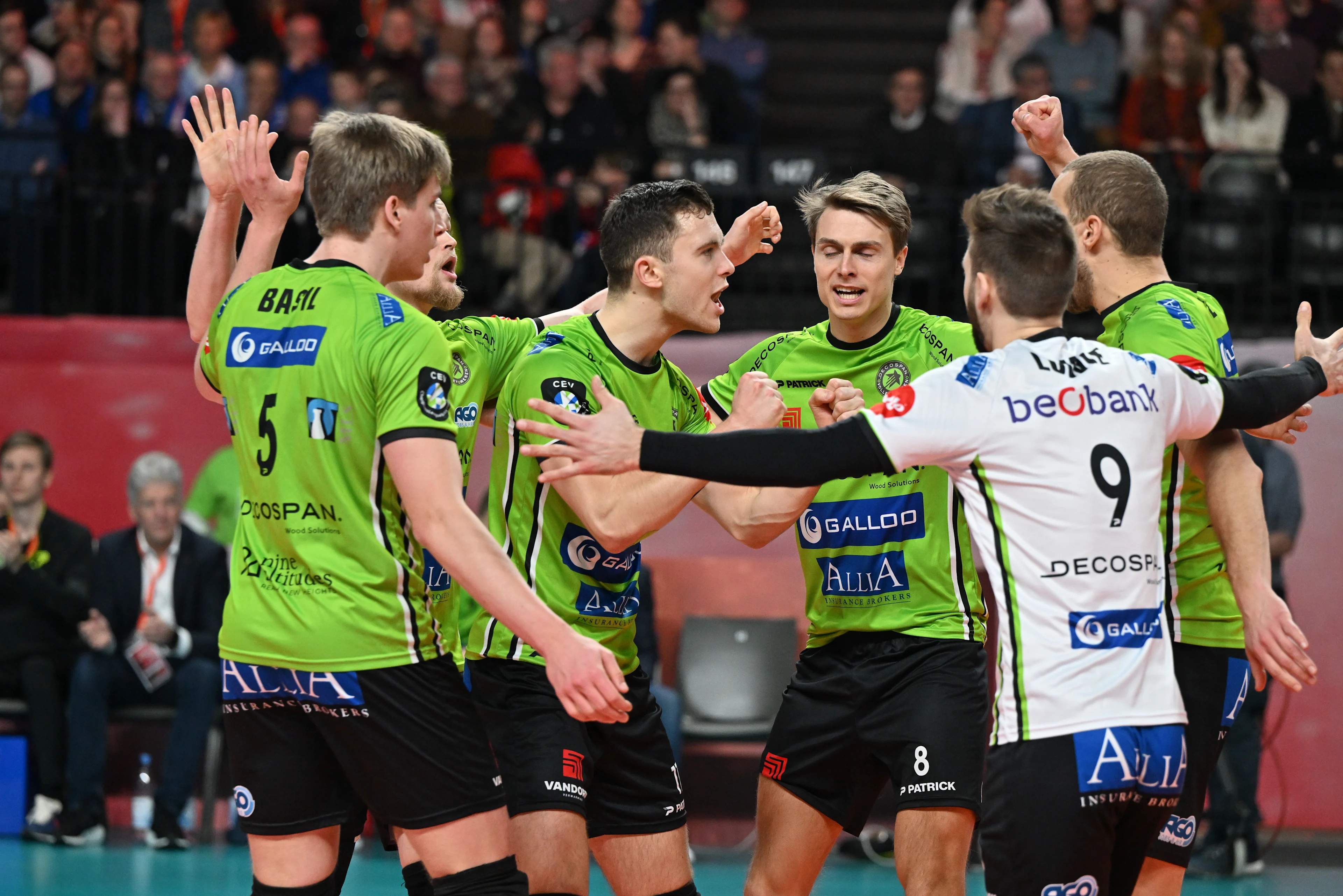 Menen's players celebrate after scoring during the match between Knack Volley Roeselare and Decospan Volley Team Menen, the final match in the men Belgian volleyball cup competition, Sunday 26 February 2023 in Merksem, Antwerp. BELGA PHOTO DAVID CATRY