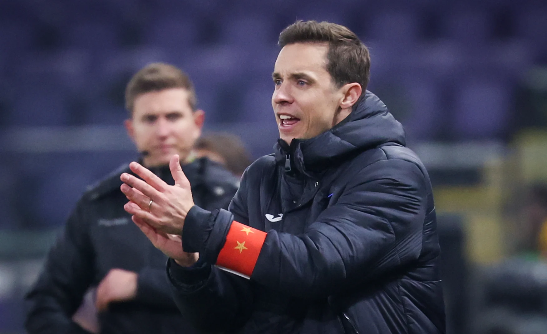 Anderlecht's head coach David Hubert gestures during a soccer game between RSC Anderlecht and Royal Antwerp, Thursday 16 January 2025 in Brussels, in the 1/2 finals of the 'Croky Cup' Belgian soccer cup. BELGA PHOTO VIRGINIE LEFOUR