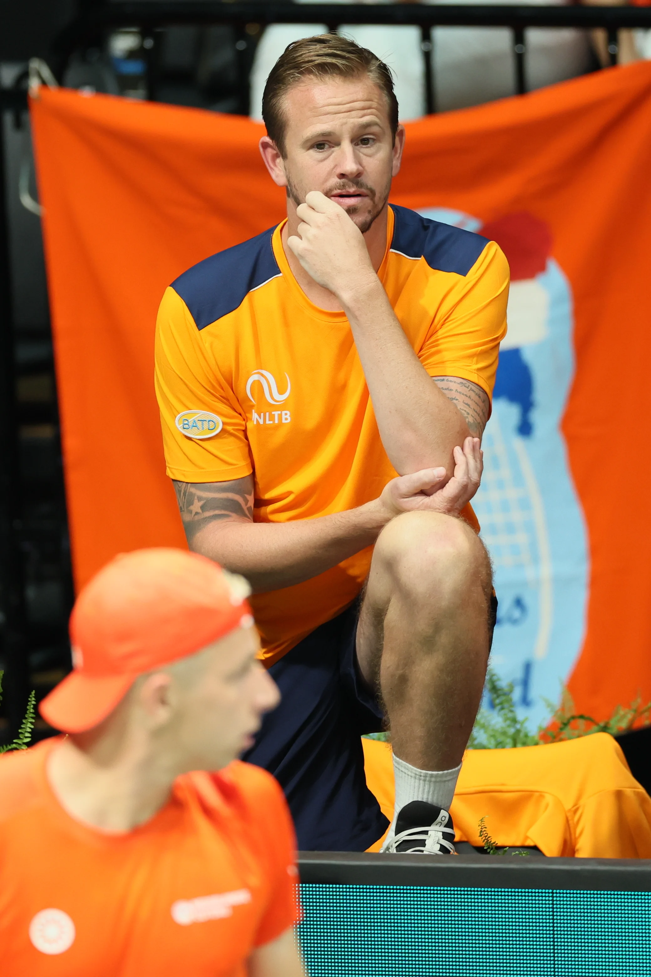 Former Belgian player Kristof Vliegen and current coach of Dutch Griekspoor pictured during a game between Dutch Griekspoor and Belgian Bergs, the second match in the group A Davis Cup Finals group stage between the Netherlands and Belgium, Tuesday 10 September 2024, at the Unipol Arena, in Bologna, Italy. BELGA PHOTO BENOIT DOPPAGNE