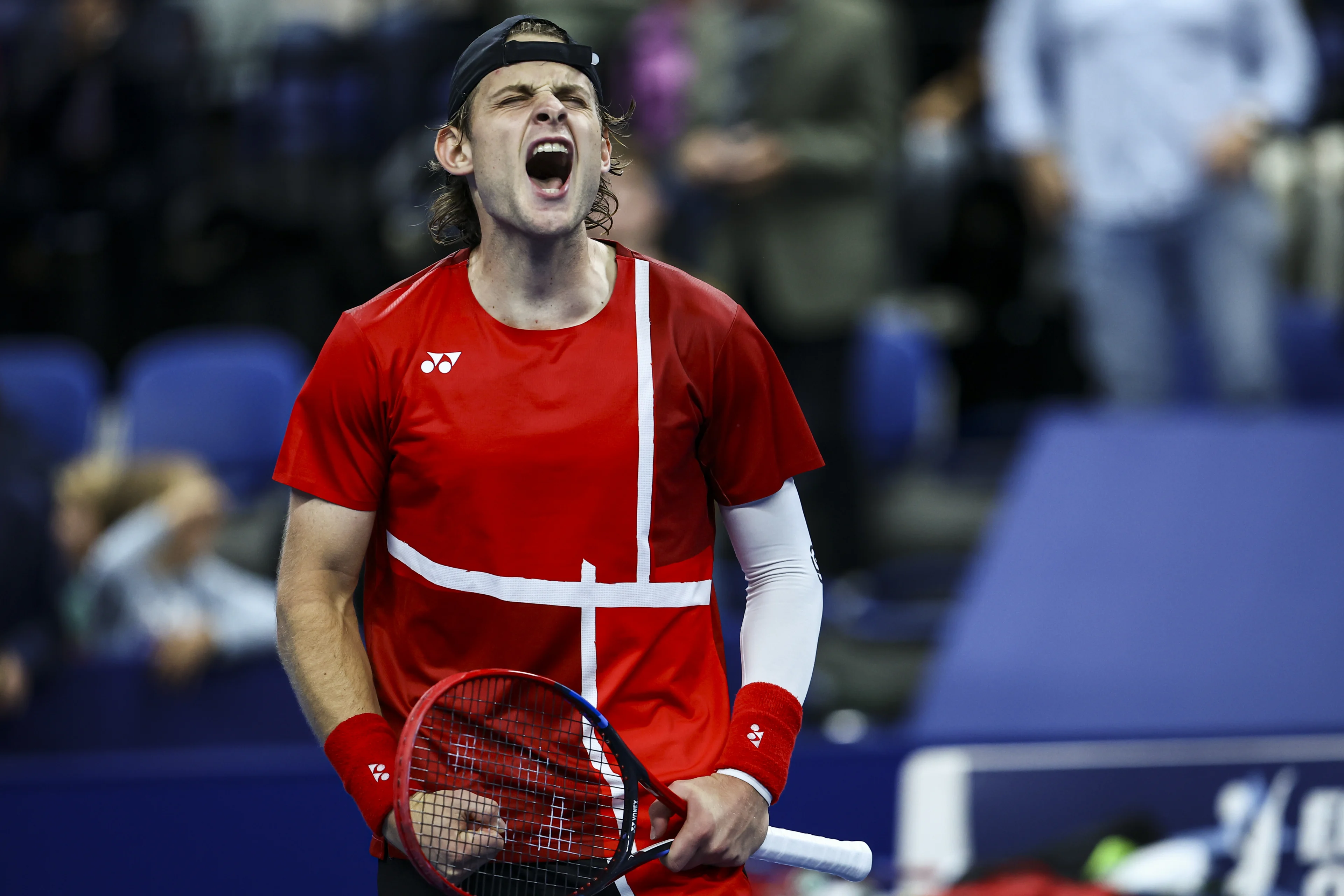 Belgian Zizou Bergs celebrates after winning a tennis match in the round of 32 of the singles competition at the ATP European Open Tennis tournament in Antwerp, Tuesday 15 October 2024. BELGA PHOTO DAVID PINTENS