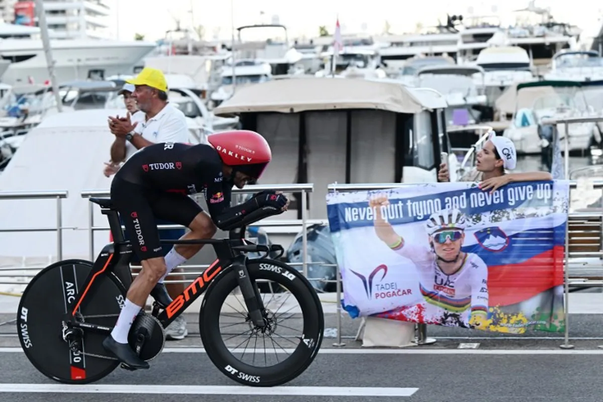 Team Tudor Pro Cycling Team's US rider Larry Warbasse competes during the first stage of the Vuelta a Espana 2026, a 9,4 km time-trial between Monaco and Monaco on August 22, 2026.  Miguel MEDINA / AFP
