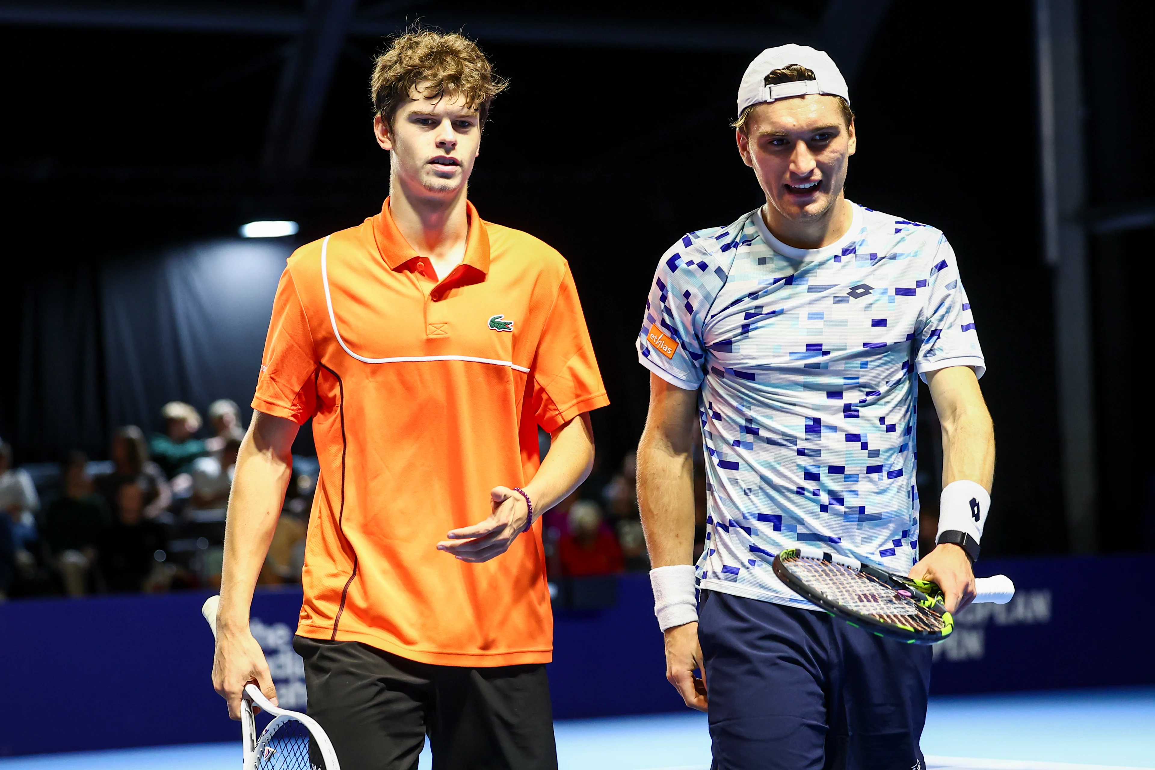 Belgian Alexander Blockx and Belgian Raphael Collignon pictured during a tennis match in the round of 16 of the doubles competition at the ATP European Open Tennis tournament in Antwerp, Wednesday 16 October 2024. BELGA PHOTO DAVID PINTENS