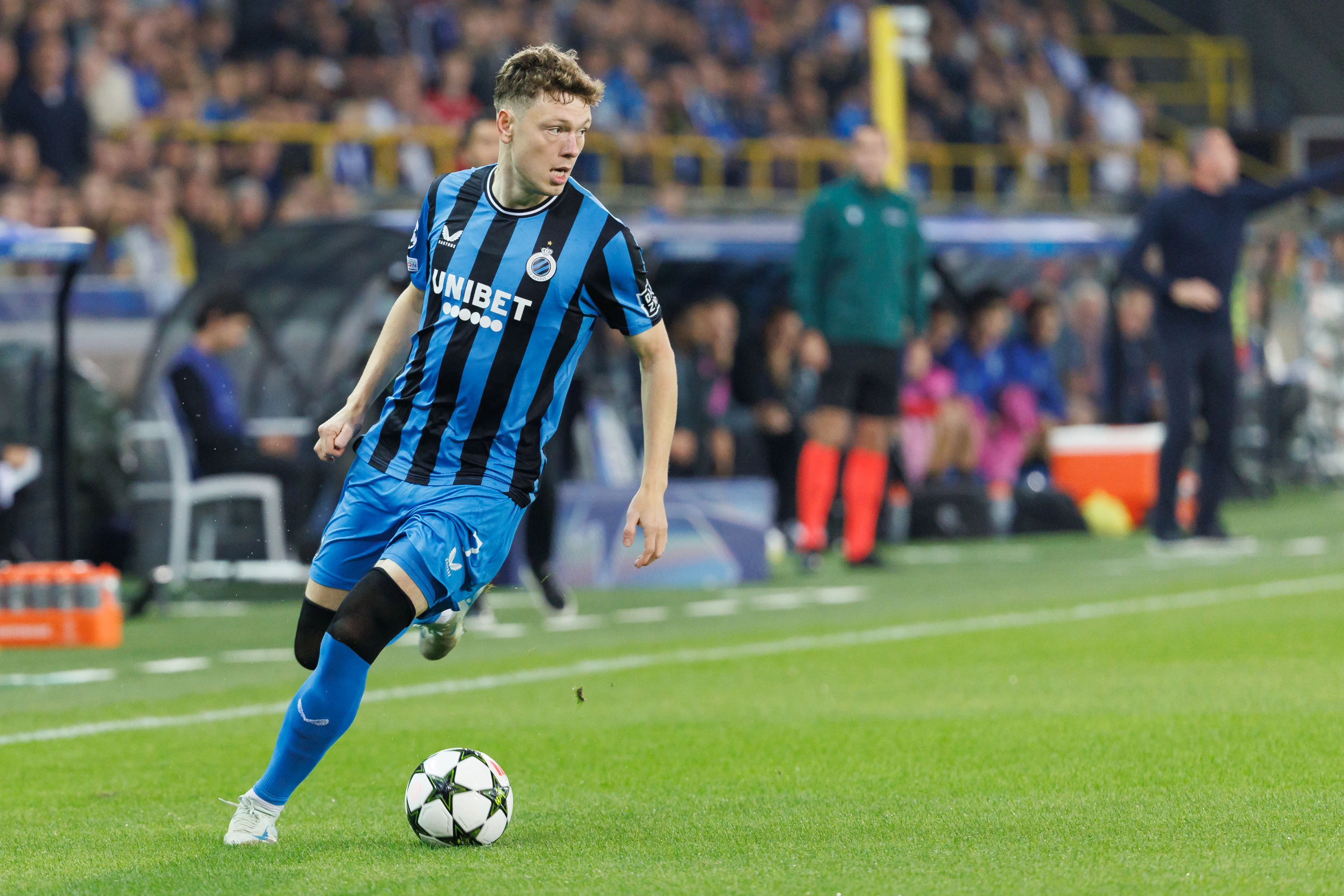 Club's Andreas Skov Olsen pictured in action during a soccer game between Belgian Club Brugge KV and German Borussia Dortmund, Wednesday 18 September 2024 in Brugge, on the day one of the UEFA Champions League league phase. BELGA PHOTO KURT DESPLENTER