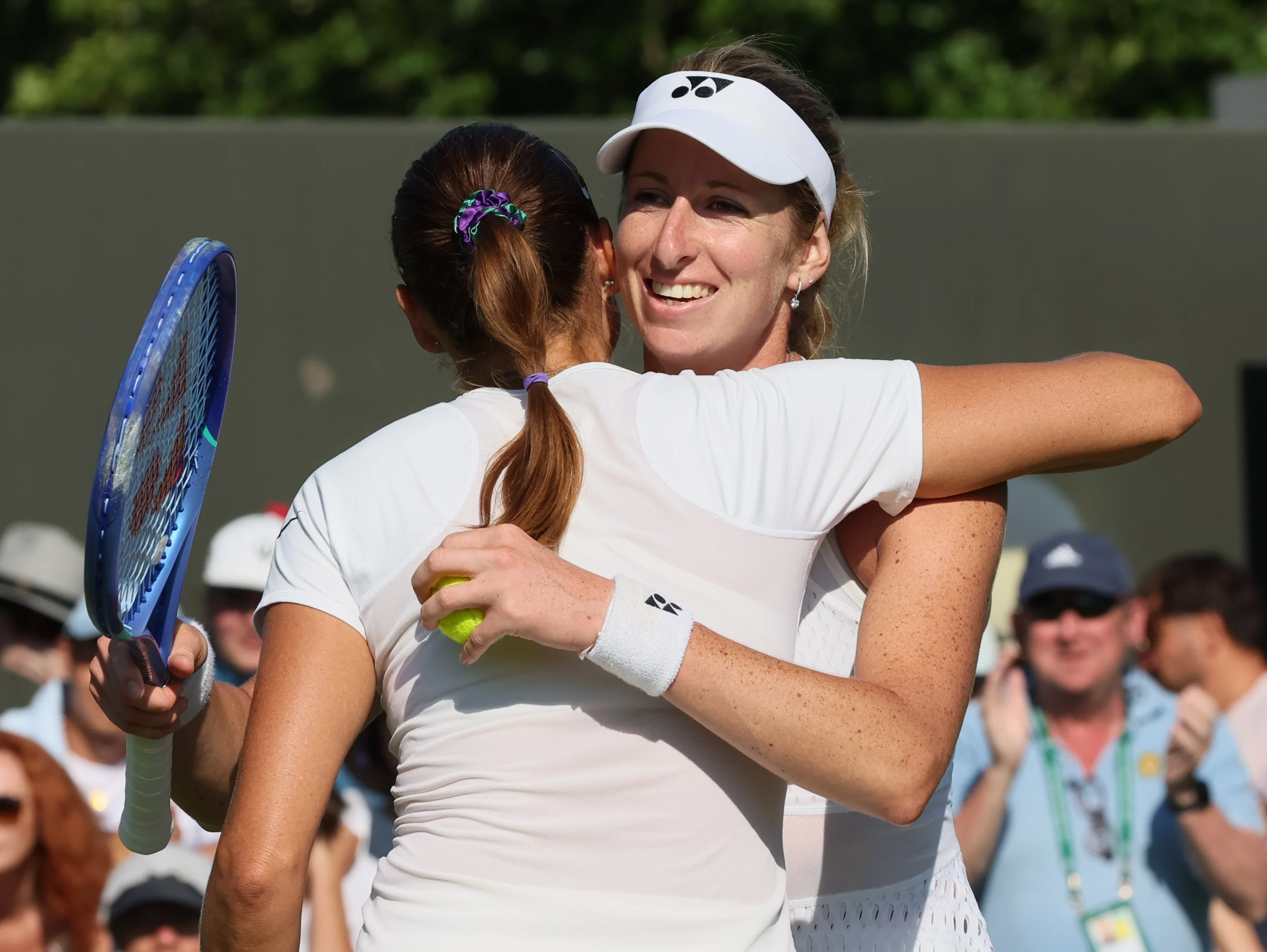 Alexandra Panova and Belgian Magali Kempen celebrate after winning a tennis match against US-Polish pair Jovic-Linette in the first round of the Women's doubles at the Wimbledon grand slam tennis tournament in London, Britain, Thursday 02 July 2026. BELGA PHOTO BENOIT DOPPAGNE