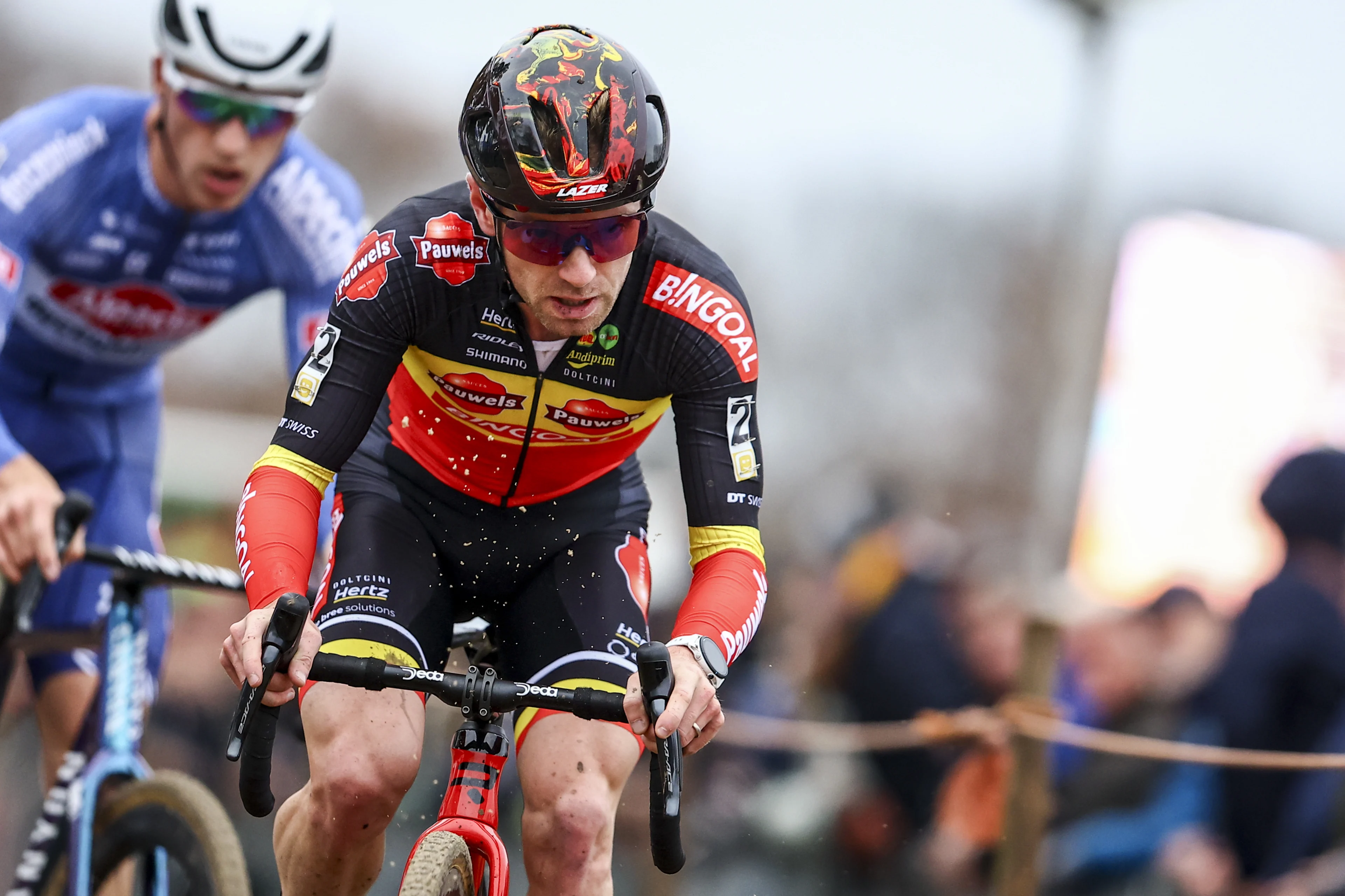 Belgian Eli Iserbyt pictured in action during the men's race of the Superprestige Merksplas cyclocross event, fourth stage (4/8) of the Superprestige cyclocross cycling competition, Saturday 16 November 2024, in Merksplas. BELGA PHOTO DAVID PINTENS