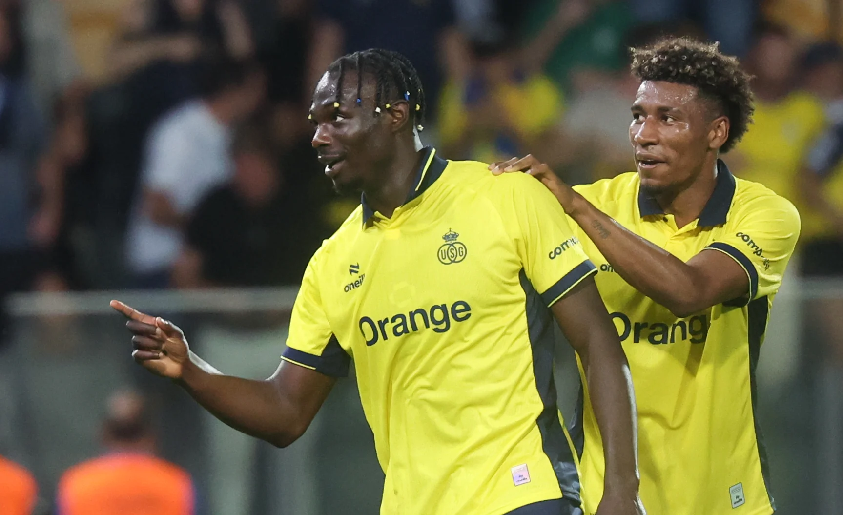 Union's Promise David celebrates after scoring during a soccer game between Belgian Royale Union Saint-Gilloise and Norwegian Bodo/Glimt, Tuesday 04 August 2026 in Oostende, in the first leg of the third qualifying round for the UEFA Champions League. BELGA PHOTO VIRGINIE LEFOUR
