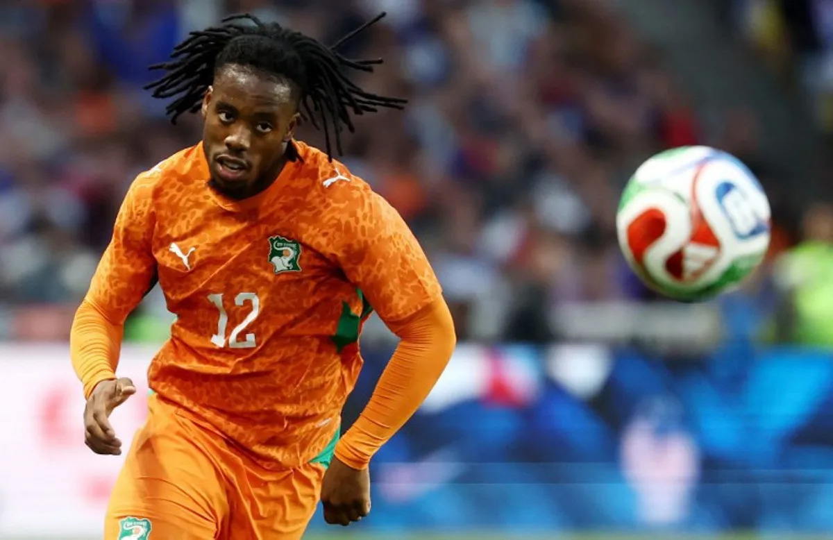 Ivory Coast's forward Elye Wahi eyes the ball during the international friendly football match between France and Ivory Coast ahead of the 2026 FIFA World Cup football tournament at the Stade de la Beaujoire in Nantes, western France, on June 4, 2026. FRANCK FIFE / AFP