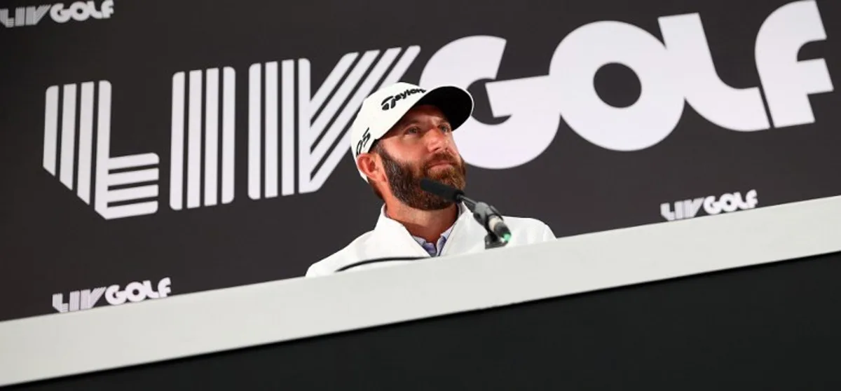 US golfer Dustin Johnson reacts during a press conference ahead of the forthcoming LIV Golf Invitational Series event at The Centurion Club in St Albans, north of London, on June 7, 2022.                                  Former world number one golfer Dustin Johnson confirmed on Tuesday he has resigned his membership of the US PGA Tour to play in the breakaway LIV Golf Invitational Series. The decision effectively rules the American two-time major winner out of participating in the Ryder Cup, which pits the United States against Europe every two years. Six-time major winner Phil Mickelson confirmed on Monday he had also signed up to play in the inaugural LIV event in a major coup for the organisers. ADRIAN DENNIS / AFP