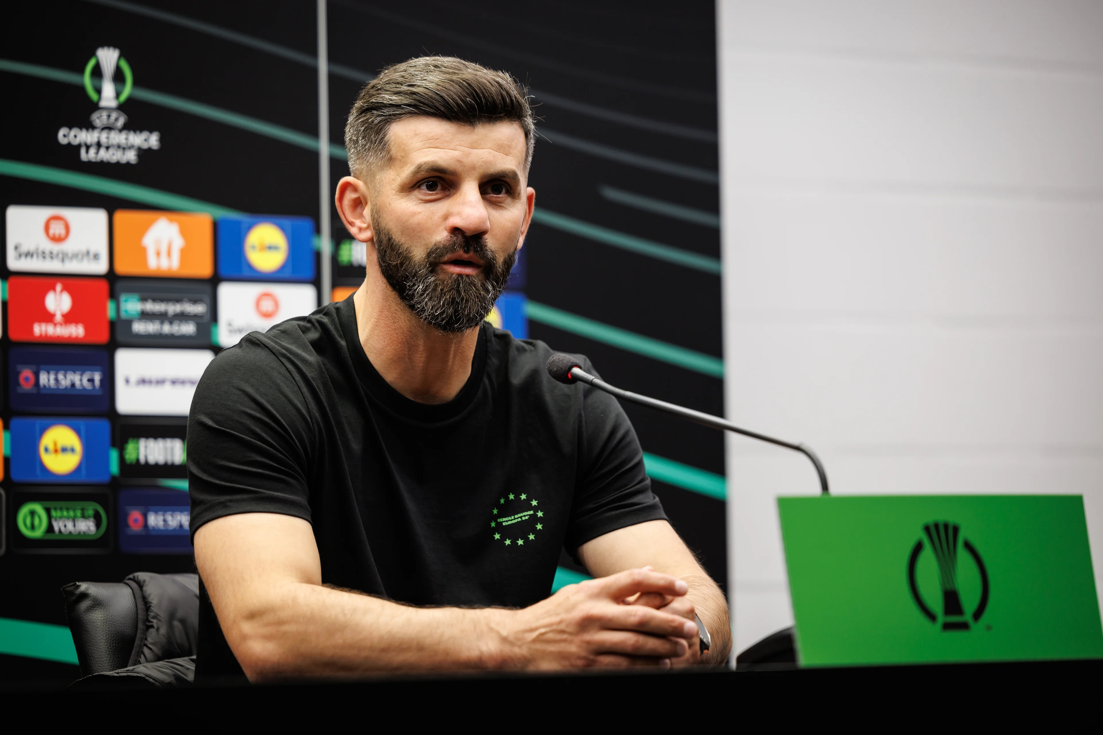 Cercle's head coach Miron Muslic pictured during a press conference of Belgian Cercle Brugge before the opening day of the League phase of the UEFA Conference League, Wednesday 02 October 2024 in Brugge. Club Brugge will face Swiss team FC St. Gallen. BELGA PHOTO KURT DESPLENTER