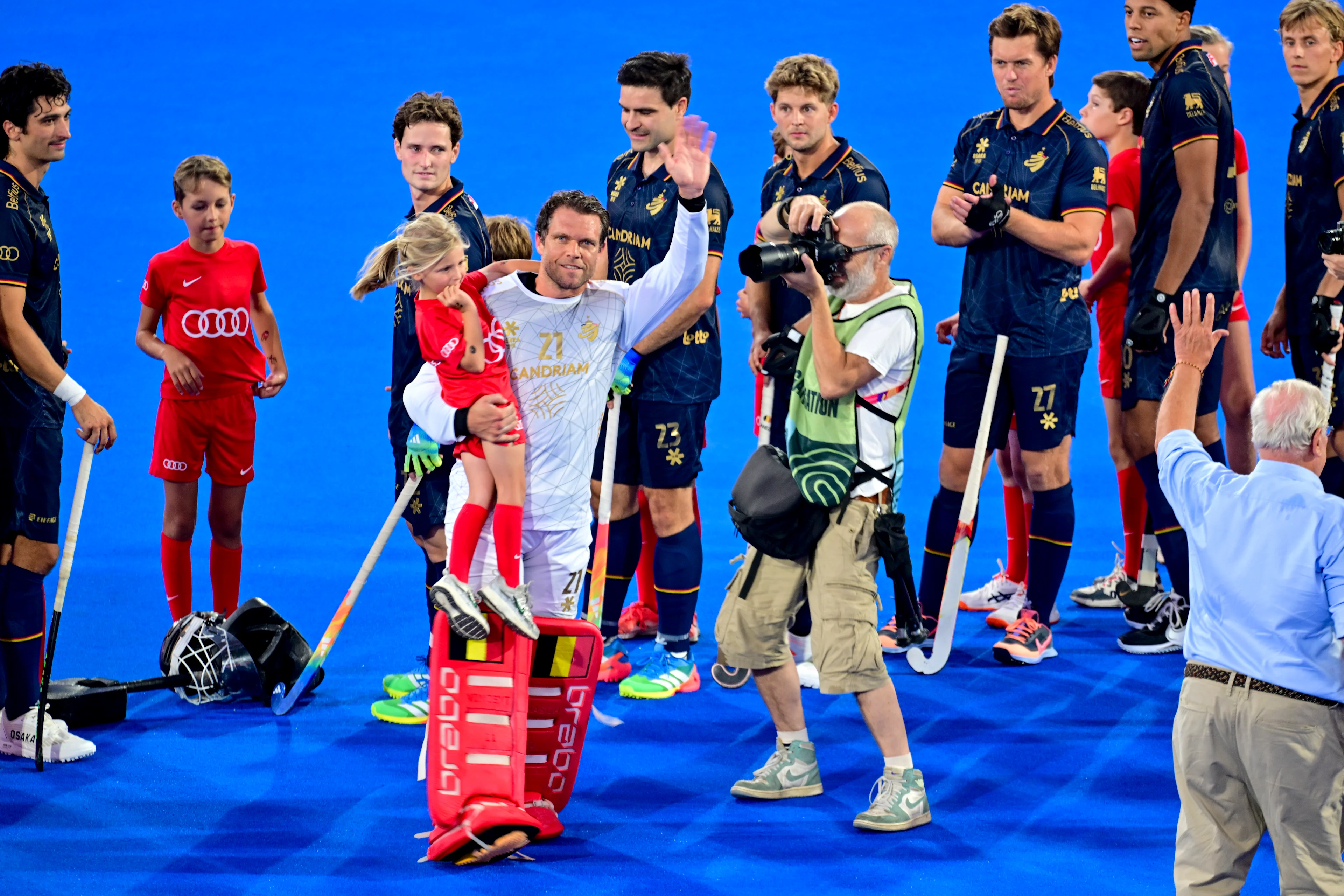Belgium's goalkeeper Vincent Vanasch is honoured for is 300th cap ahead of a hockey game between Belgian Lions and Germany, the second (out of three) matches during the group stage of the men's 2026 Hockey World Cup, Monday 17 August 2026 in Wavre. The 2026 edition of the Hockey World Cup takes place in Belgium and The Netherlands from August 15 to August 30. BELGA PHOTO DIRK WAEM