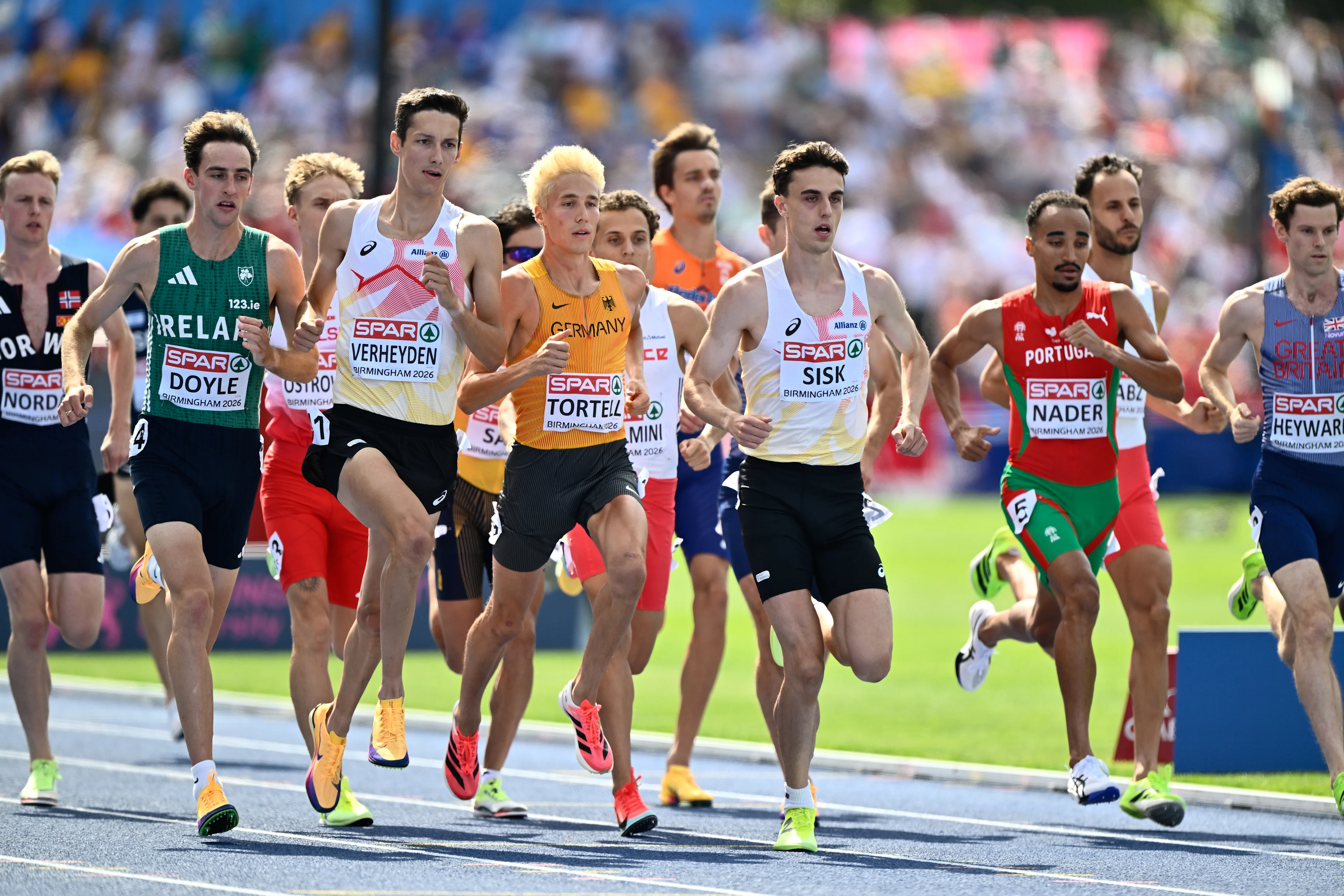 Belgian Ruben Verheyden and Belgian Pieter Sisk pictured in action during the 1500m race on the fifth day of the European Athletics Championships (August 10-18) in Birmingham, United Kingdom, on Friday 14 August 2026. BELGA PHOTO ERIC LALMAND