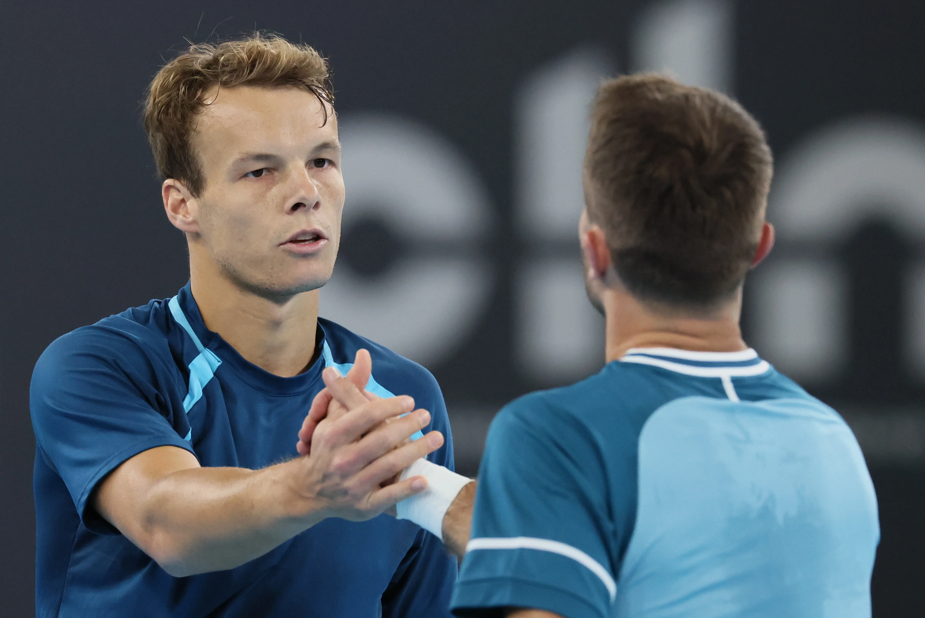 Belgian Michael Geerts pictured at a tennis match against Canadian Diez, a qualification for the men's singles at the BW Open ATP Challenger 125 tournament, in Louvain-la-Neuve,  Monday 22 January 2024. THE BW Open takes place from 22 to 28 January.  BELGA PHOTO BENOIT DOPPAGNE