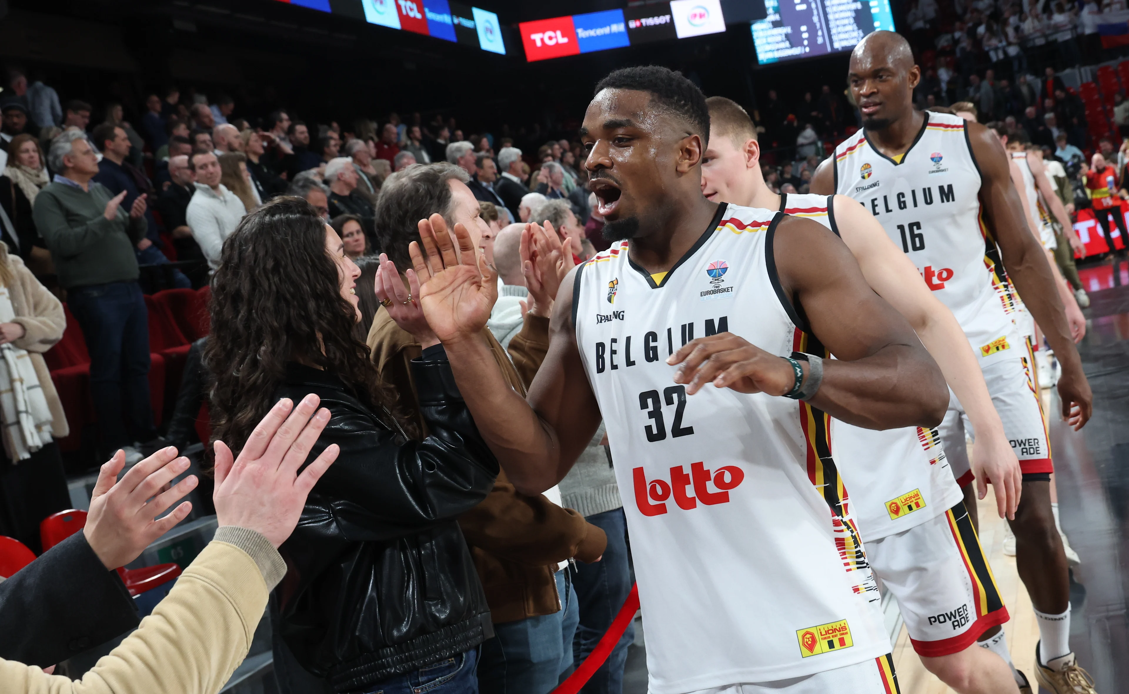 Belgium's Retin Obasohan celebrate after winning a basketball match between Belgium's national team Belgian Lions and Slovakia, Thursday 20 February 2025 in Charleroi, game 5/6 in the group stage of the qualifications for the Eurobasket 2025 European championships. BELGA PHOTO VIRGINIE LEFOUR