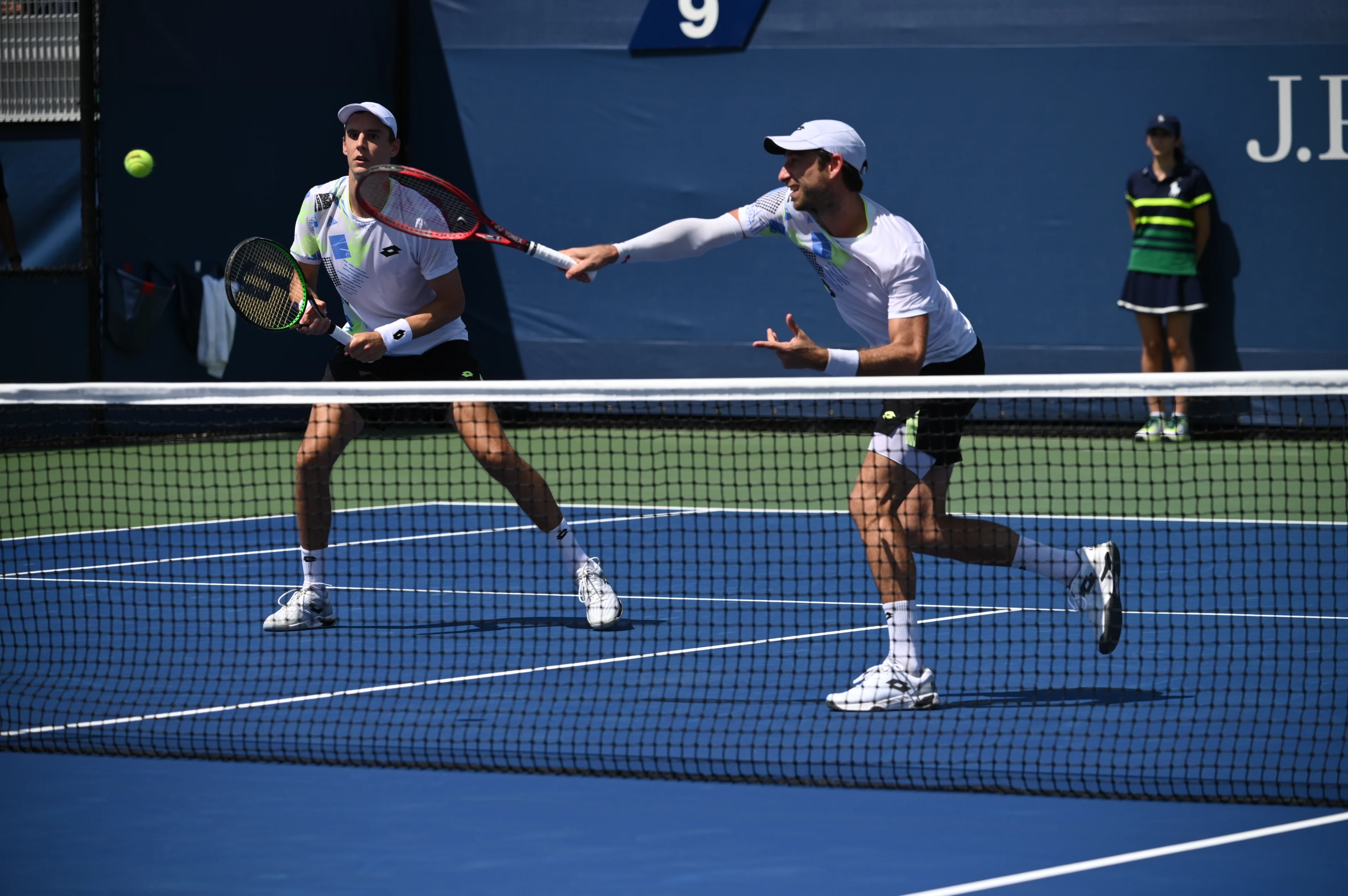 Belgian pair Joran Vliegen and Sander Gille pictured during a tennis match against Portugal-Brazilian pair Cabral-Matos, in the first round of the Men's Doubles at the 2023 US Open Grand Slam tennis tournament in New York City, USA, Wednesday 30 August 2023. BELGA PHOTO TONY BEHAR