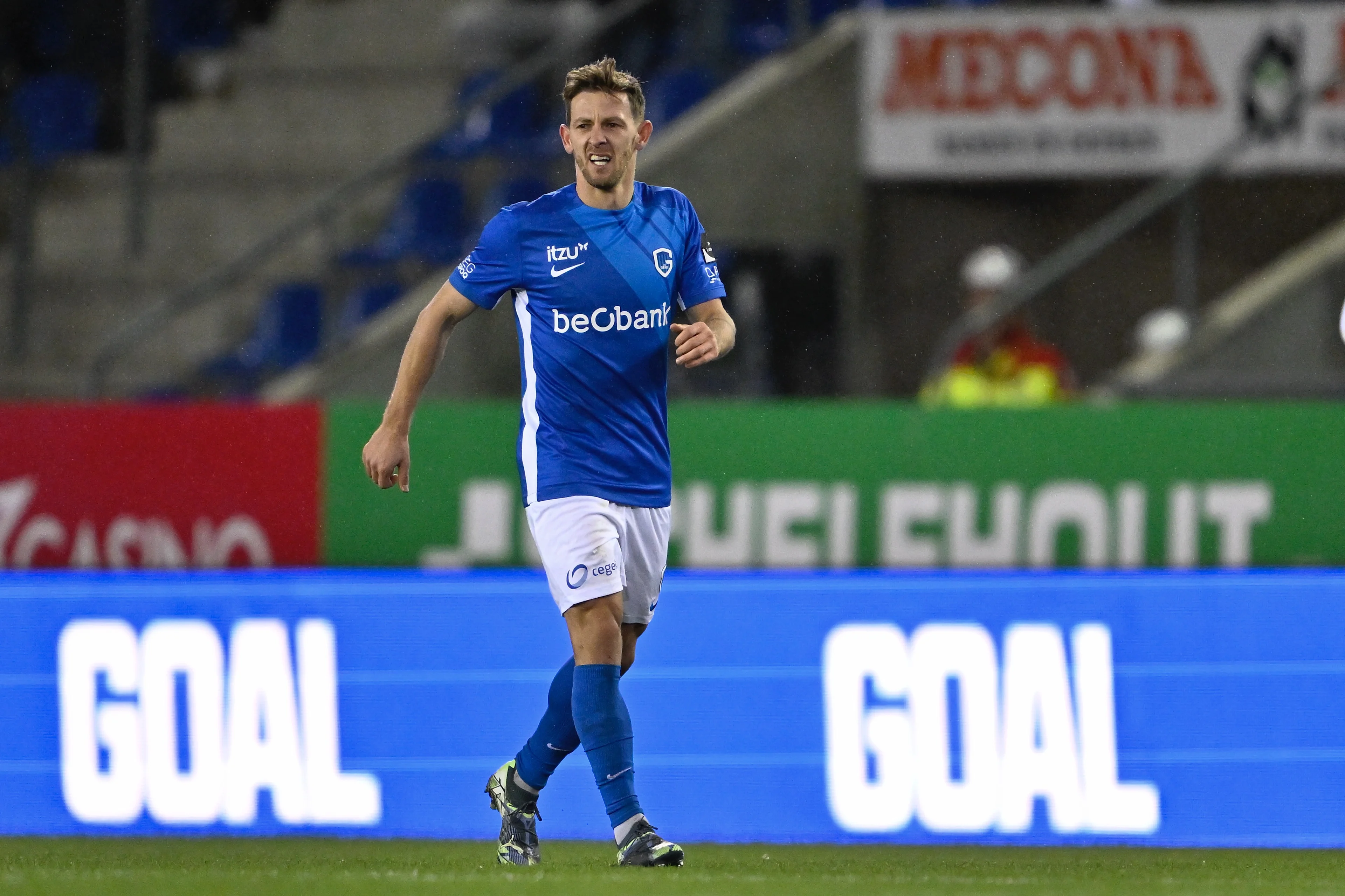 Genk's Patrik Hrosovsky celebrates after scoring during a soccer game between KRC Genk and KV Kortrijk, Saturday 07 December 2024 in Genk, on day 17 of the 2024-2025 season of the "Jupiler Pro League" first division of the Belgian champiosnhip. BELGA PHOTO JOHAN EYCKENS