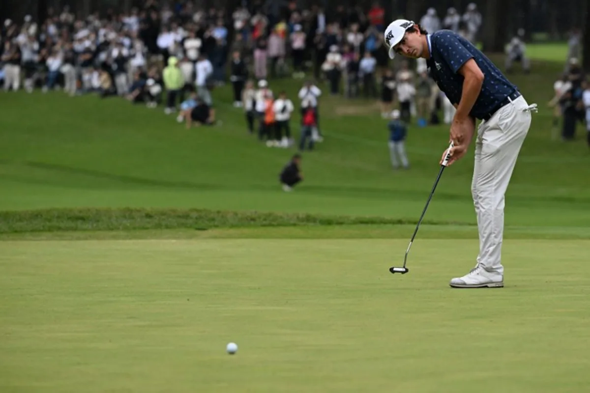 Nico Echavarria of Colombia misses a putt for eagle on the 18th green during the final round of the Zozo Championship PGA golf tournament at the Narashino Country Club in Inzai, Chiba prefecture on October 27, 2024.  Toshifumi KITAMURA / AFP