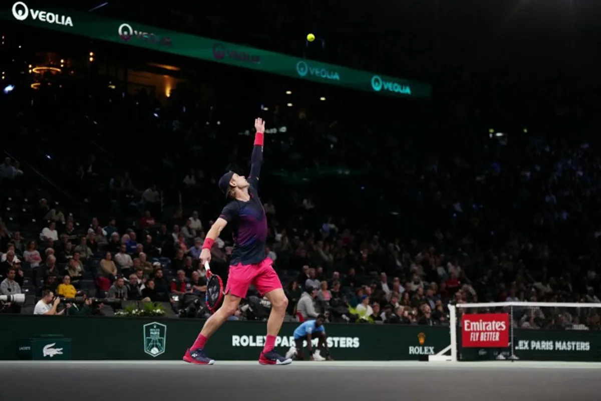 Belgium's Zizou Bergs serves to France's Richard Gasquet during their men's singles match on day two of the Paris ATP Masters 1000 tennis tournament at the Accor Arena - Palais Omnisports de Paris-Bercy - in Paris on October 29, 2024.  Dimitar DILKOFF / AFP