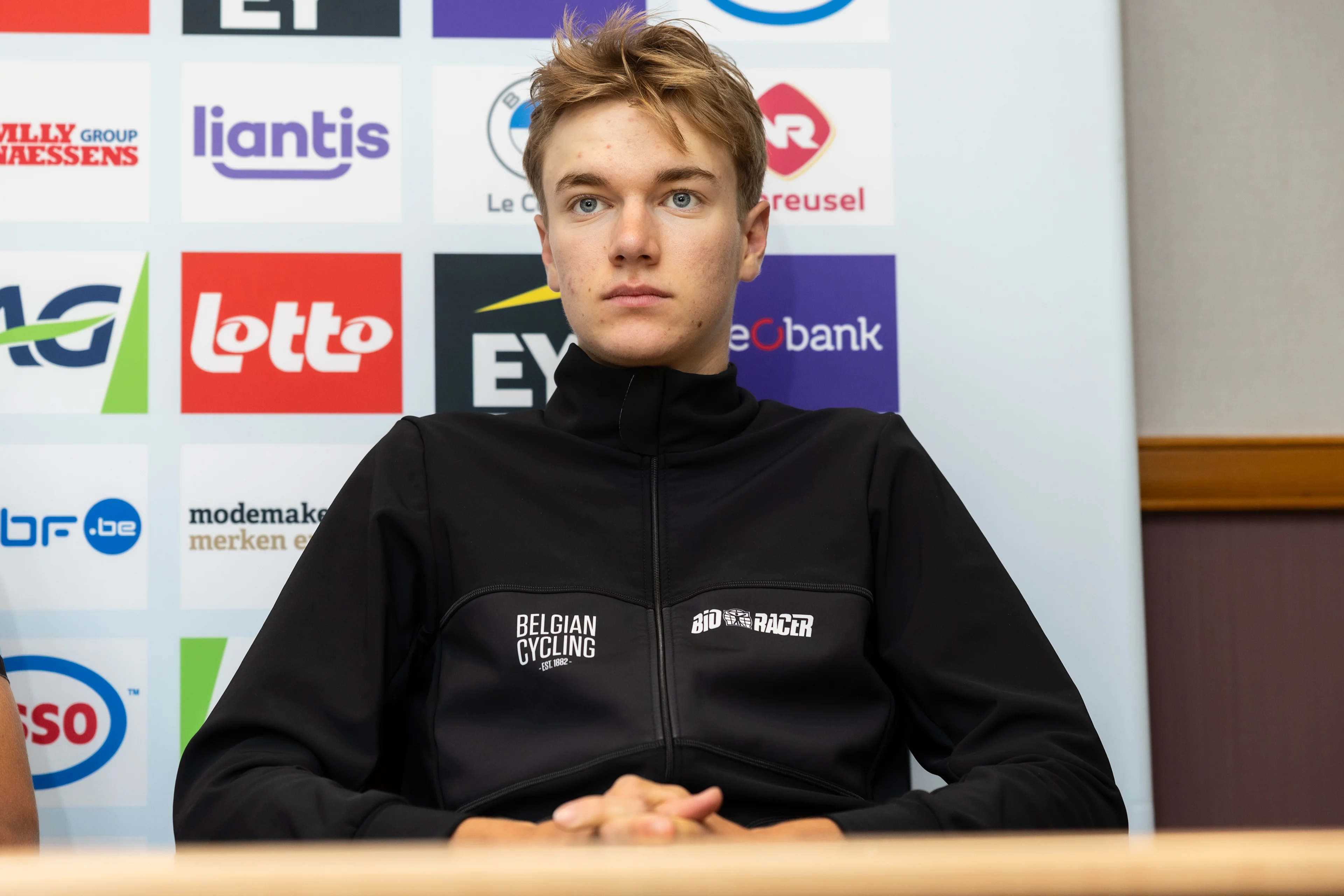 Belgian Duarte Marivoet Scholiers pictured during a press conference at the UCI World Championships Cycling, in Glasgow, Scotland, Monday 07 August 2023. UCI organizes the worlds with all cycling disciplines, road cycling, indoor cycling, mountain bike, BMX racing, road para-cycling and indoor para-cycling, in Glasgow from 03 to 13 August. BELGA PHOTO DAVID PINTENS