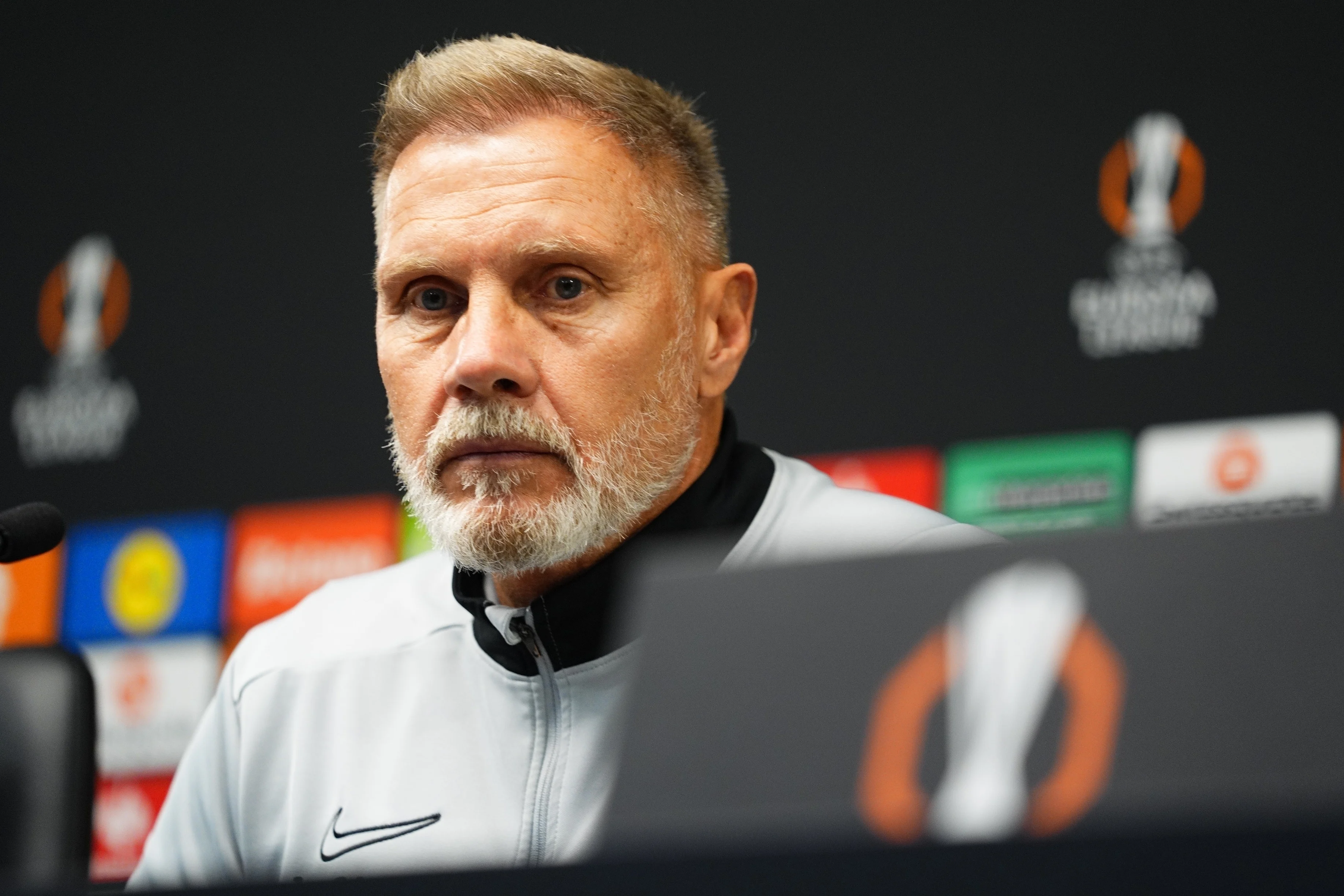 Genk's head coach Thorsten Fink pictured during a press conference of Belgian soccer team KRC Genk, on Wednesday 05 November 2025, in Braga, Portugal. The team prepares for tomorrow's match against Portugal's SC Braga, fourth game (out of 8) in the league phase of the UEFA Europa League competition. BELGA PHOTO JOMA GARCIA I GISBERT