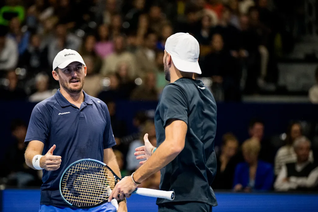 Robert Galloway of the United States and Constantin Frantzen of Germany pictured during the European Open ATP tennis tournament in Brussels, on Sunday 25 October 2026. This year's edition of the tournament is taking place from 17 to 25 October BELGA PHOTO JASPER JACOBS