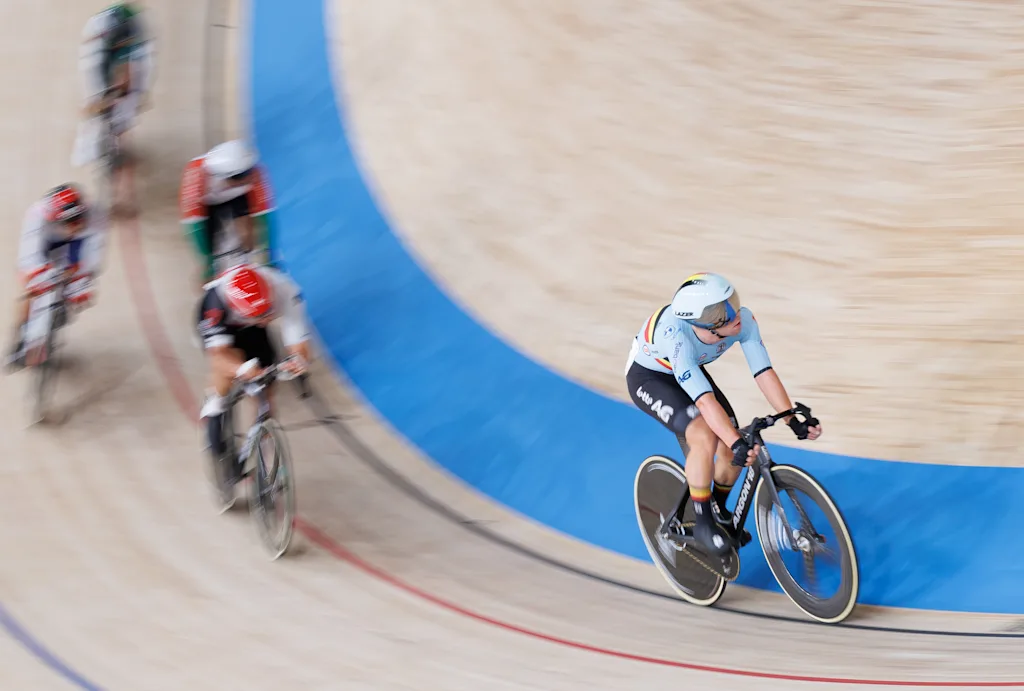 Belgian Fabio Van den Bossche rides on a bike during the Men's omnium event at the UCI Track Cycling World Championships in Shanghai, China on Saturday 17 October 2026. The worlds are taking place from 14 to 18 October 2026. BELGA PHOTO BENOIT DOPPAGNE