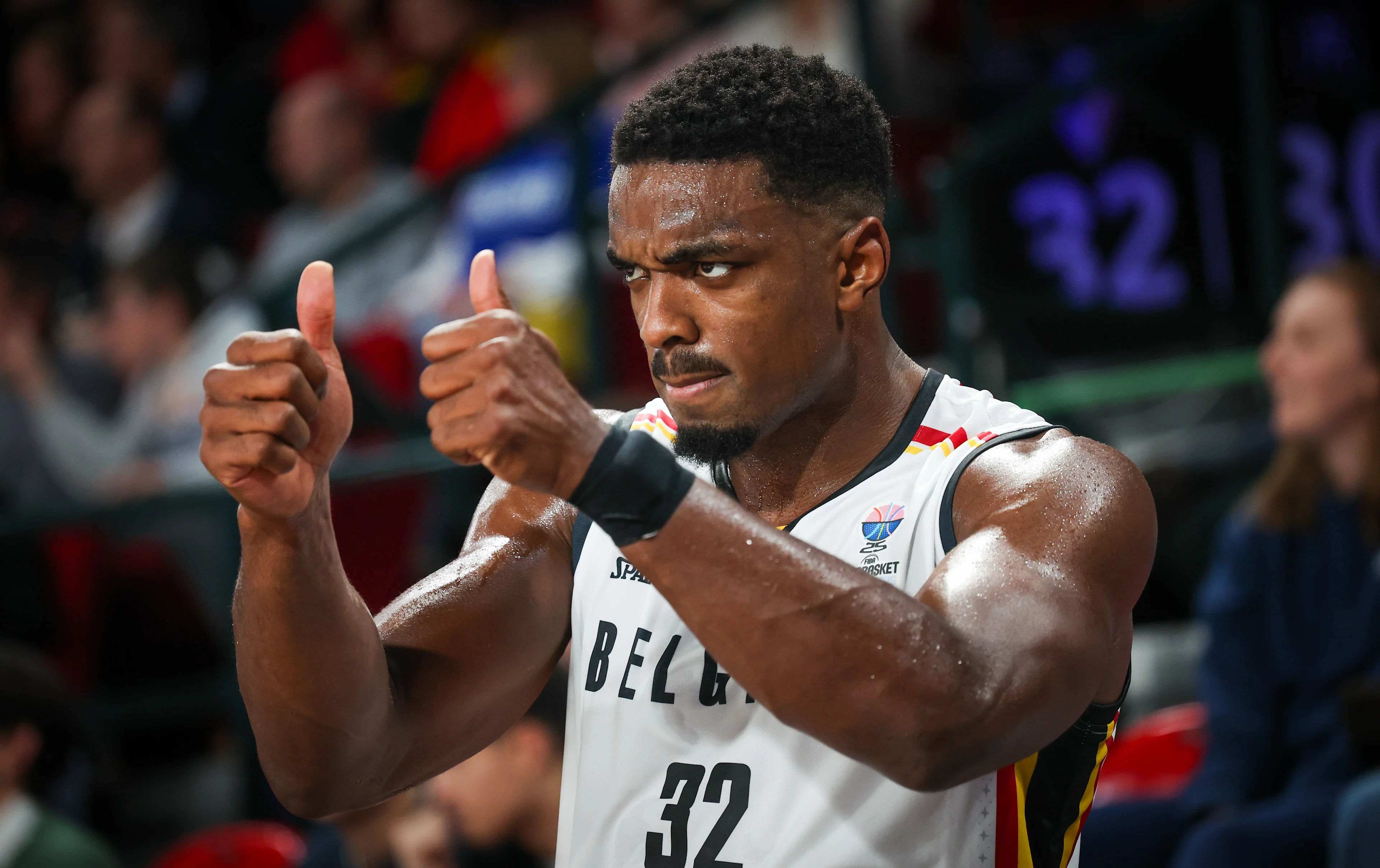 Belgium's Retin Obasohan celebrates during a basketball match between Belgium's national team Belgian Lions and Latvia, Monday 25 November 2024 in Charleroi, game 4/6 in the group stage of the qualifications for the Eurobasket 2025 European championships. BELGA PHOTO VIRGINIE LEFOUR