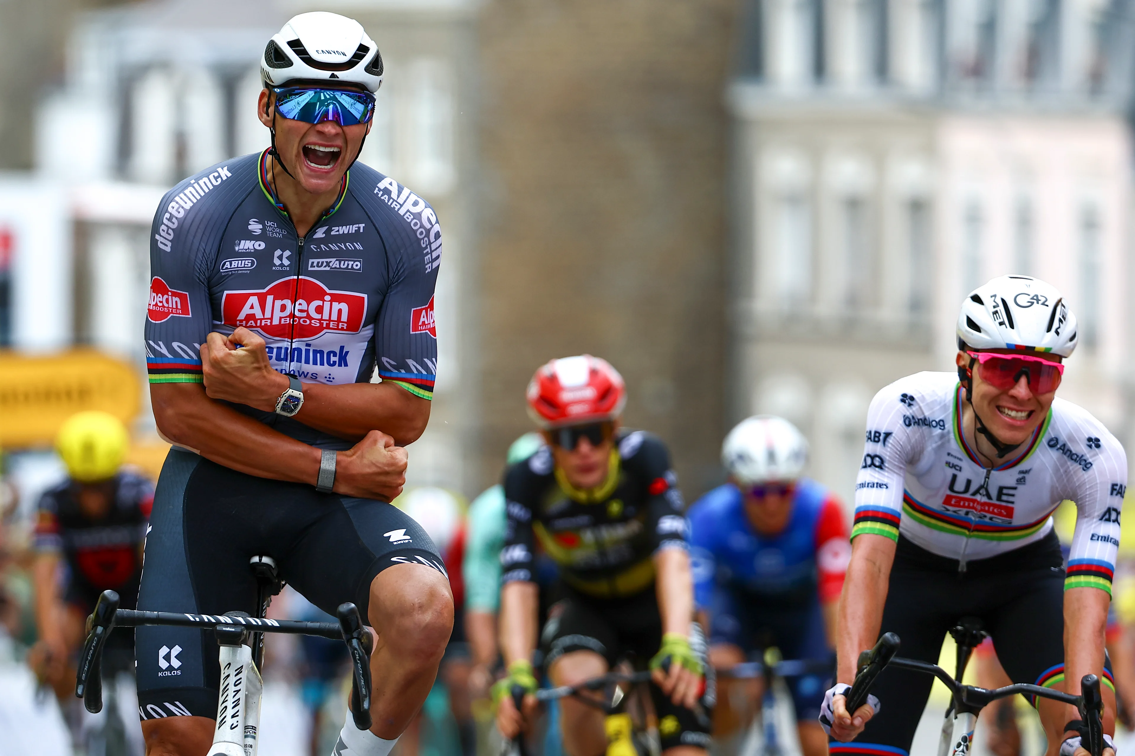 Dutch Mathieu van der Poel of Alpecin-Deceuninck celebrates after winning the second stage of the 2025 Tour de France cycling race, from Lauwin-Planque to Boulogne-sur-Mer (212 km), on Sunday 06 July 2025 in France. The 112th edition of the Tour de France starts on Saturday 5 July in Lille, and will finish in Paris on the 27th of July. BELGA PHOTO DAVID PINTENS