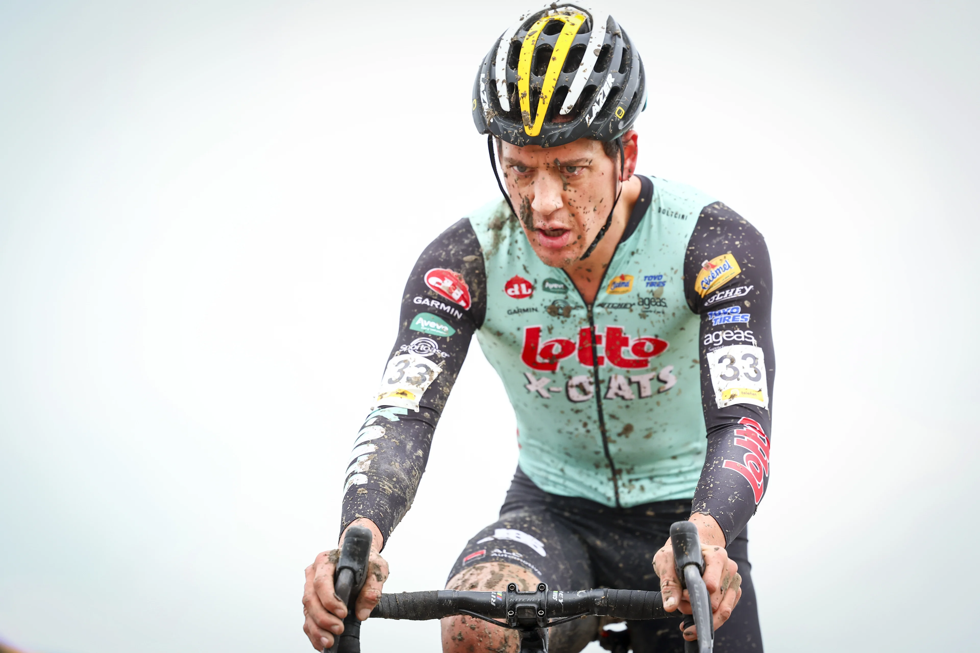 Belgian Tom Meeusen pictured in action during the men elite race of the 'Noordzeecross' cyclocross cycling event in Middelkerke, the last race of the Superprestige competition on Saturday 10 February 2024. BELGA PHOTO DAVID PINTENS