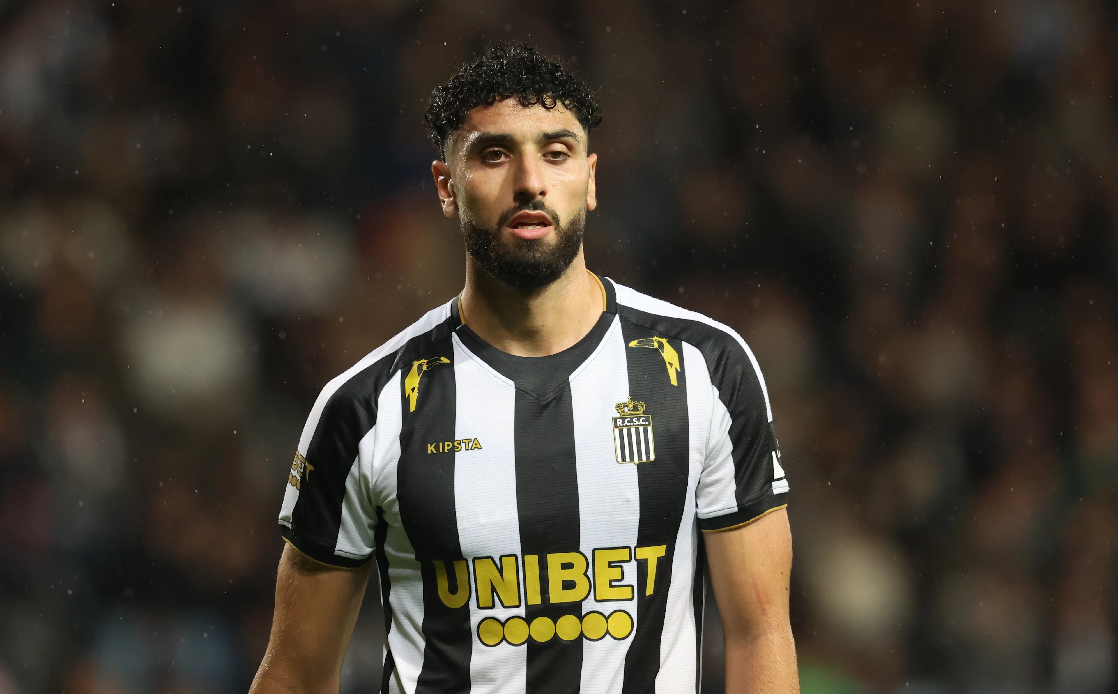 Charleroi's Aiham Ousou pictured during a soccer match between Sporting Charleroi and Club Brugge, Friday 27 September 2024 in Charleroi, on day 9 of the 2024-2025 season of the 'Jupiler Pro League' first division of the Belgian championship. BELGA PHOTO VIRGINIE LEFOUR