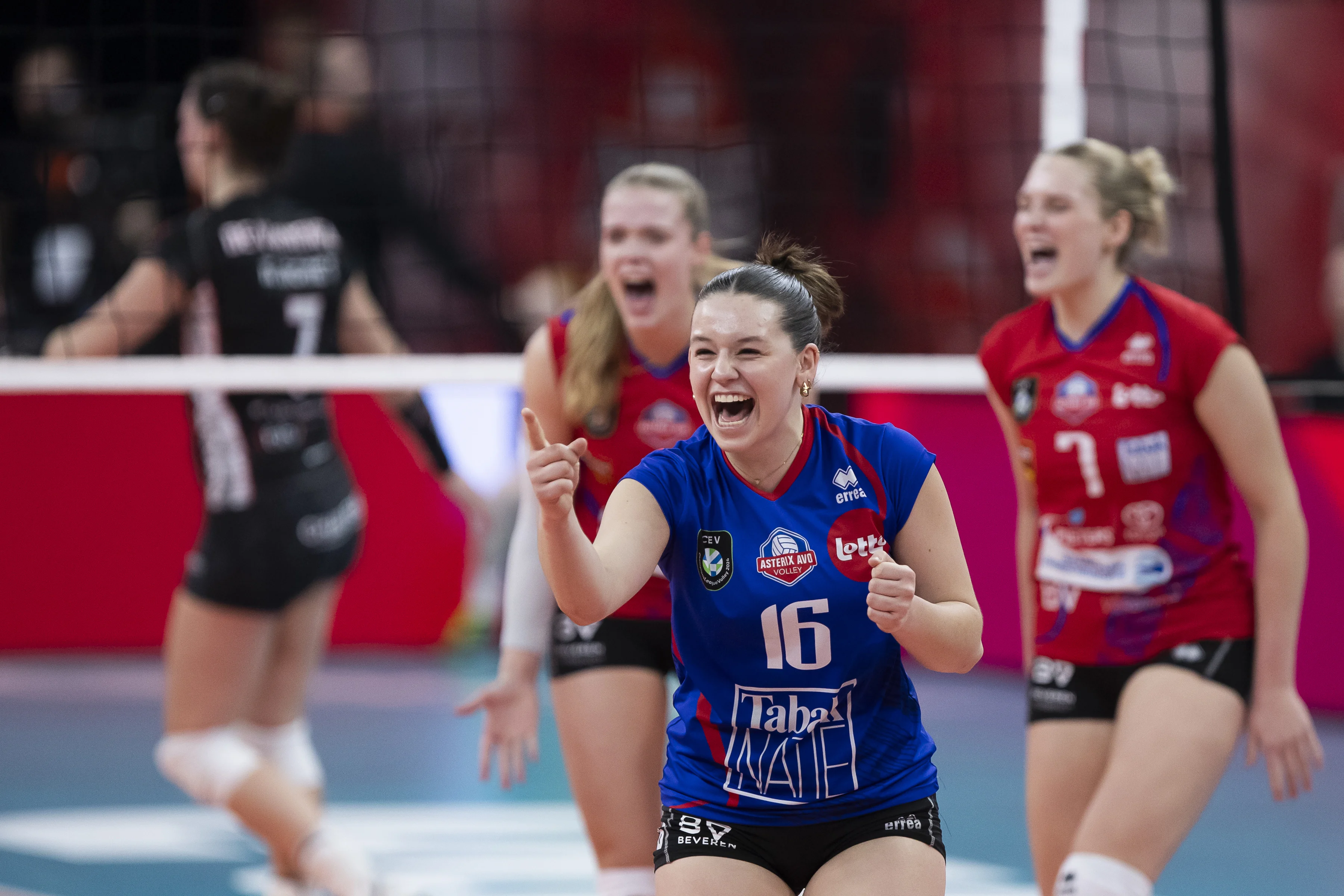 Asterix' Noor Debouck celebrates during the match between Asterix Avo Beveren and E.S. Charleroi, the final match in the women Belgian volleyball cup competition, Saturday 10 February 2024 in Merksem, Antwerp. BELGA PHOTO KRISTOF VAN ACCOM