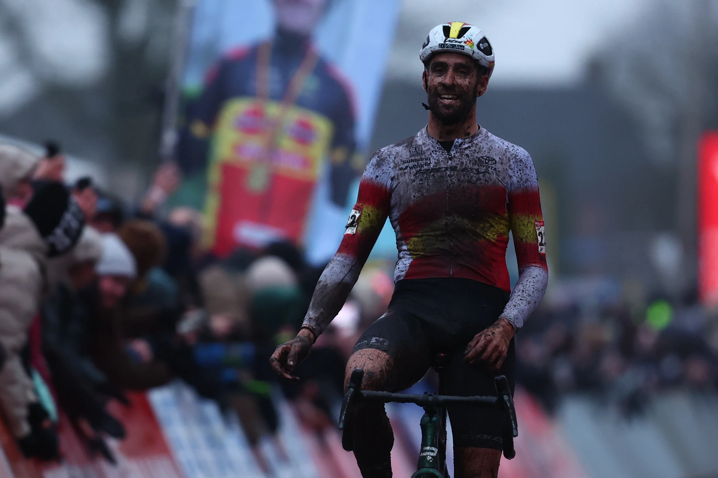 Spanish Felipe Orts Lloret crosses the finish line to finish second at the men's elite race of the World Cup cyclocross cycling event in Hulst, the Netherlands, stage 5 (out of 12) of the UCI World Cup cyclocross competition, Saturday 21 December 2024. BELGA PHOTO DAVID PINTENS