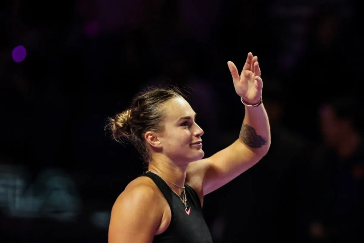 Belarus' Aryna Sabalenka reacts after winning against China's Zheng Qinwen during their women's singles tennis match at the WTA Finals Championship in Riyadh on November 2, 2024.  Fayez NURELDINE / AFP