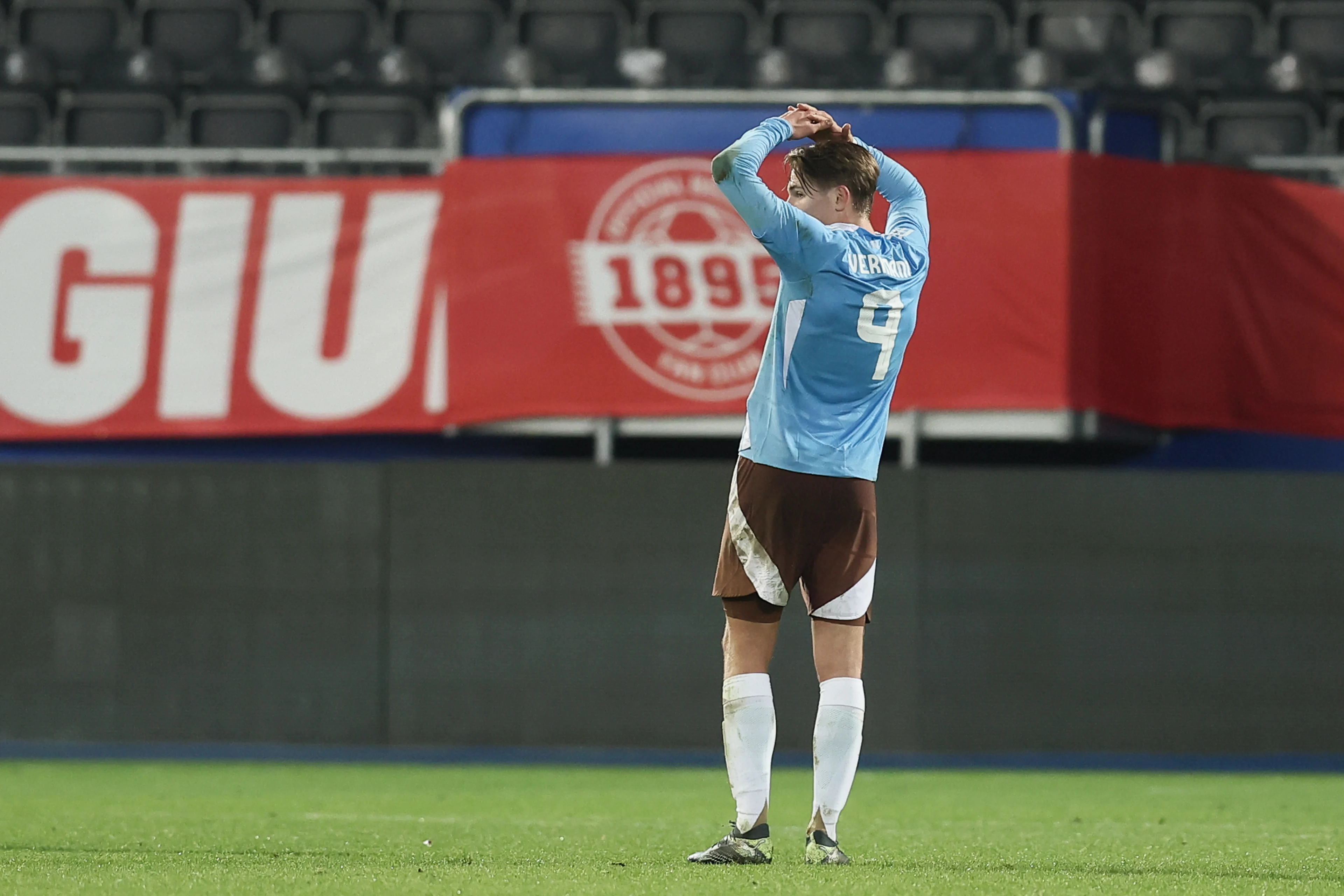 Belgium's Romeo Vermant reacts during a soccer game between the U21 youth team of the Belgian national team Red Devils and the U21 of Czechia, in Heverlee, Leuven, on Friday 15 November 2024, the first leg of the play-offs for the 2025 UEFA European Under21 Championship. BELGA PHOTO BRUNO FAHY