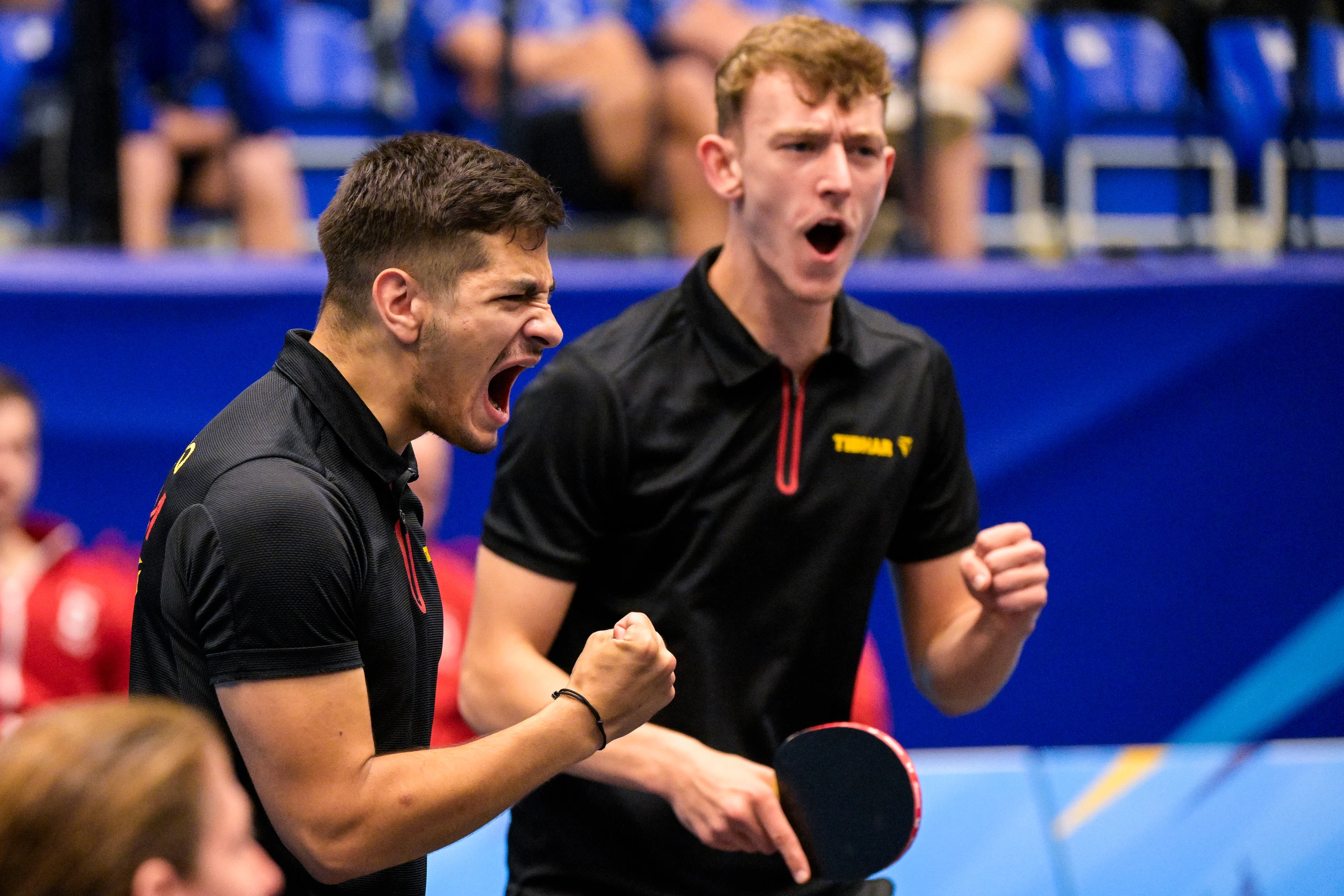 Table Tennis player Martin Allegro and Table Tennis player Adrien Rassenfosse react during a match in the Men's Team Quarterfinal between Belgium and Germany, in the Table Tennis competition at the European Games in Krakow, Poland on Thursday 29 June 2023. The 3rd European Games, informally known as Krakow-Malopolska 2023, is a scheduled international sporting event that will be held from 21 June to 02 July 2023 in Krakow and Malopolska, Poland. BELGA PHOTO LAURIE DIEFFEMBACQ