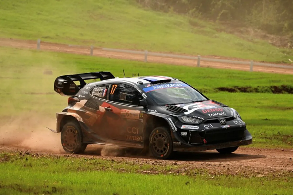 French driver Sebastien Ogier and co-driver Vincent Landais compete in their Toyota GR Yaris Rally1 during the Trinidad stage of the WRC Rally Paraguay, 10th stage of the FIA World Rally Championship (WRC), in Trinidad, near Encarnacion, Paraguay on August 31, 2025. Luis ROBAYO / AFP
