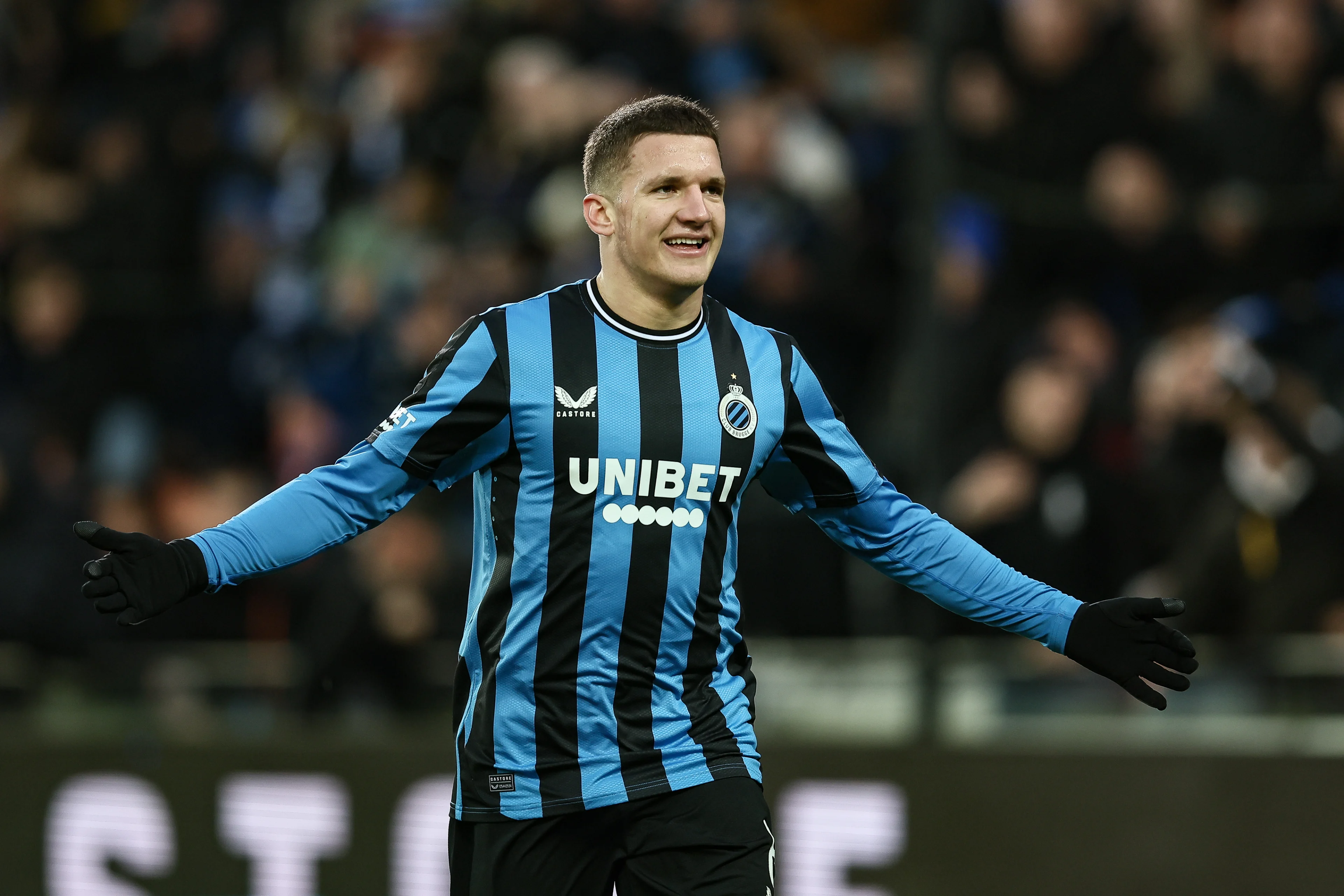 Club's Christos Tzolis celebrates after scoring during a soccer match between Club Brugge and Sint-Truiden VV, in Brugge, on day 15 of the 2024-2025 season of the 'Jupiler Pro League' first division of the Belgian championship, Saturday 23 November 2024. BELGA PHOTO BRUNO FAHY