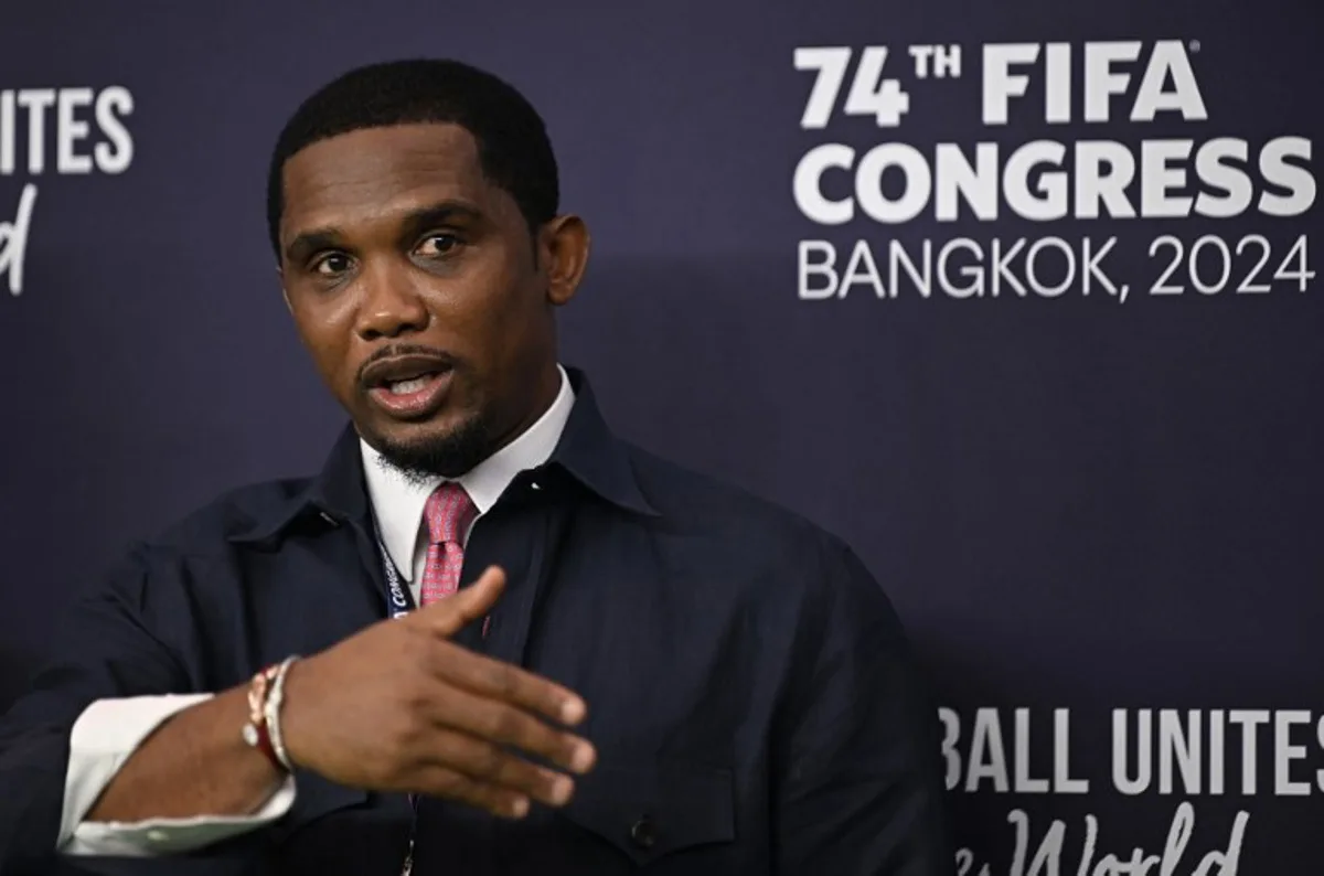 Former Cameroonian football player Samuel Eto'o arrives for the 74th FIFA Congress in Bangkok on May 17, 2024. The 74th FIFA Congress is taking place in Bangkok with member associations voting on a range of issues including confirmation of the host nation or nations for the 2027 women's football World Cup. Lillian SUWANRUMPHA / AFP