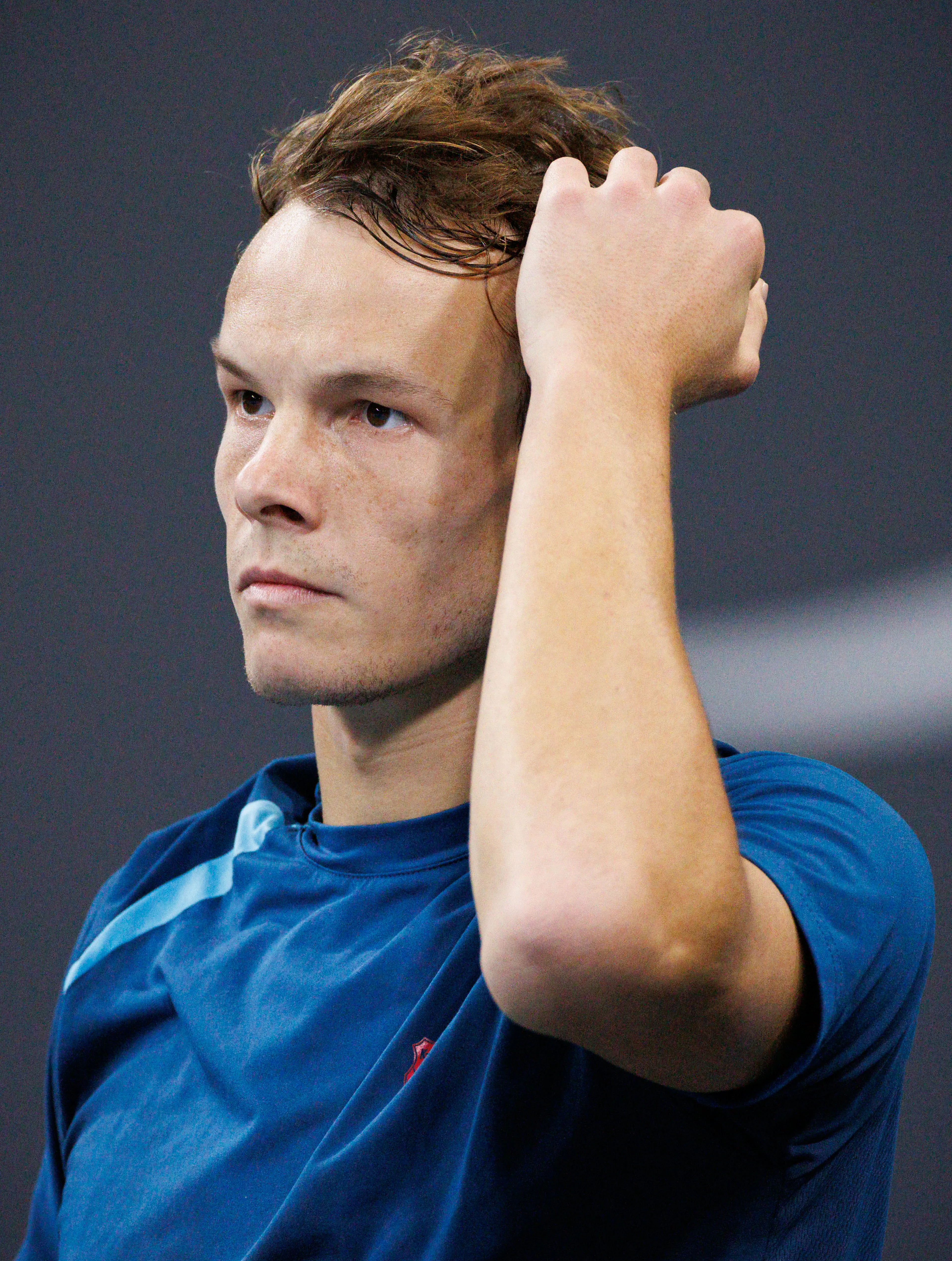 Belgian Michael Geerts pictured during a qualification game between Belgian Geerts and Canadian Diez in the men's singles at the BW Open ATP Challenger 125 tournament, in Louvain-la-Neuve, Monday 22 January 2024. THE BW Open takes place from 22 to 28 January. BELGA PHOTO BENOIT DOPPAGNE