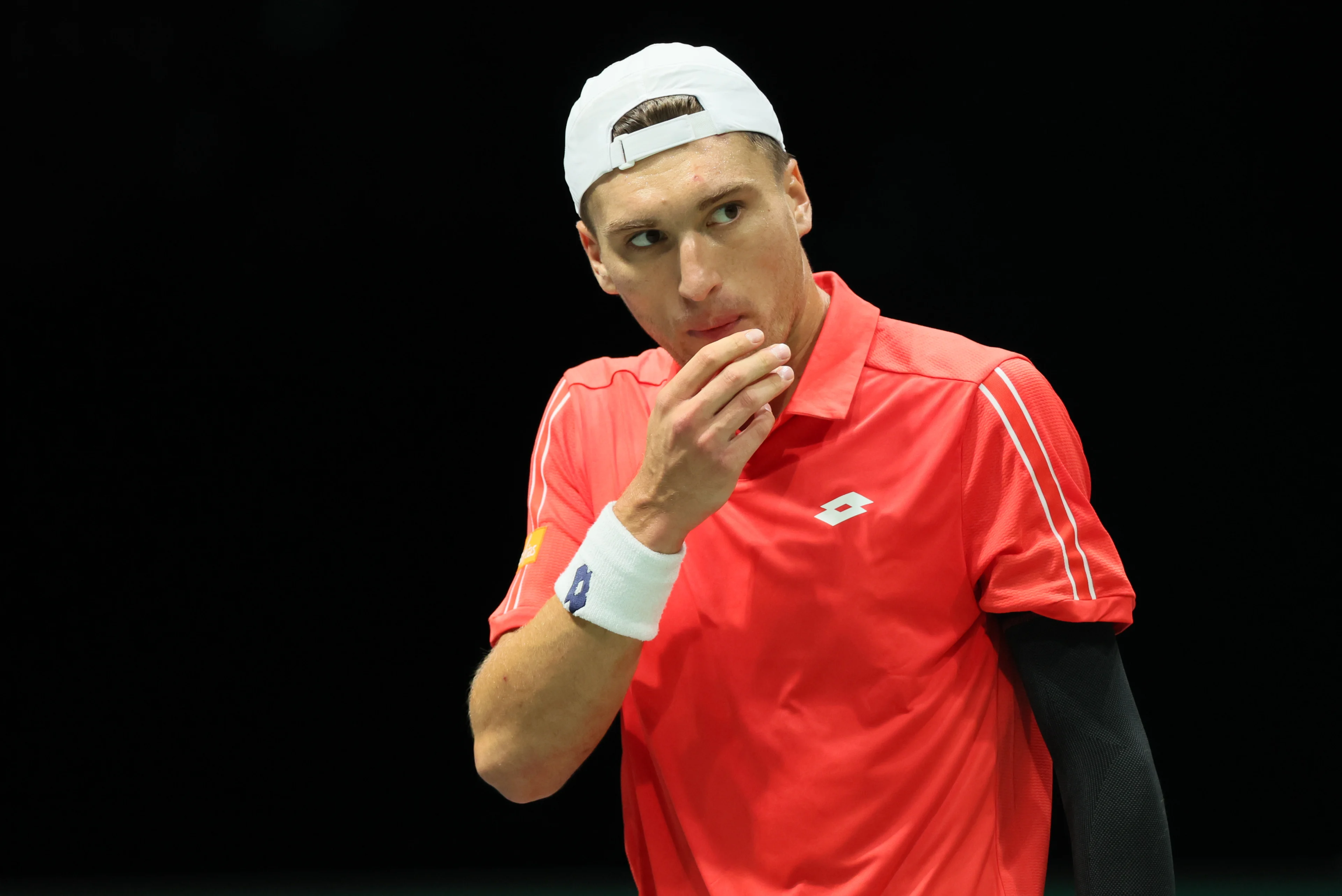 Belgian Raphael Collignon pictured in action during a game between Belgian Raphael Collignon and Brazilian Joao Fonseca, the first match in the group A Davis Cup Finals group stage between Belgium and Brazil, Saturday 14 September 2024, at the Unipol Arena, in Bologna, Italy. BELGA PHOTO BENOIT DOPPAGNE