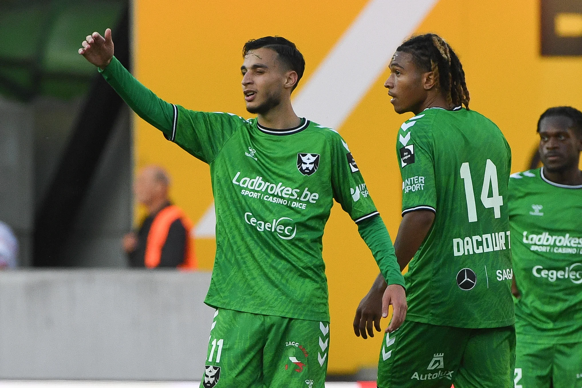 Francs Borains' Kays Ruiz-Atil celebrates after scoring during a soccer match between Zulte Waregem and Royal Francs Borains, Saturday 26 October 2024 in Waregem, on day 9 of the 2024-2025 'Challenger Pro League' 1B second division of the Belgian championship. BELGA PHOTO JILL DELSAUX