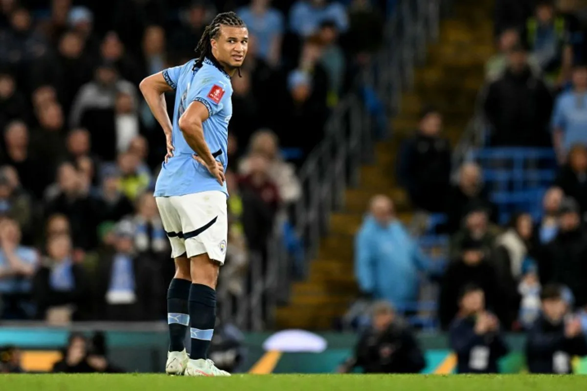 Manchester City's Dutch defender #06 Nathan Ake reacts during the English FA Cup fifth round football match between Manchester City and Plymouth Argyle at the Etihad Stadium in Manchester, north west England, on March 1, 2025.  Oli SCARFF / AFP