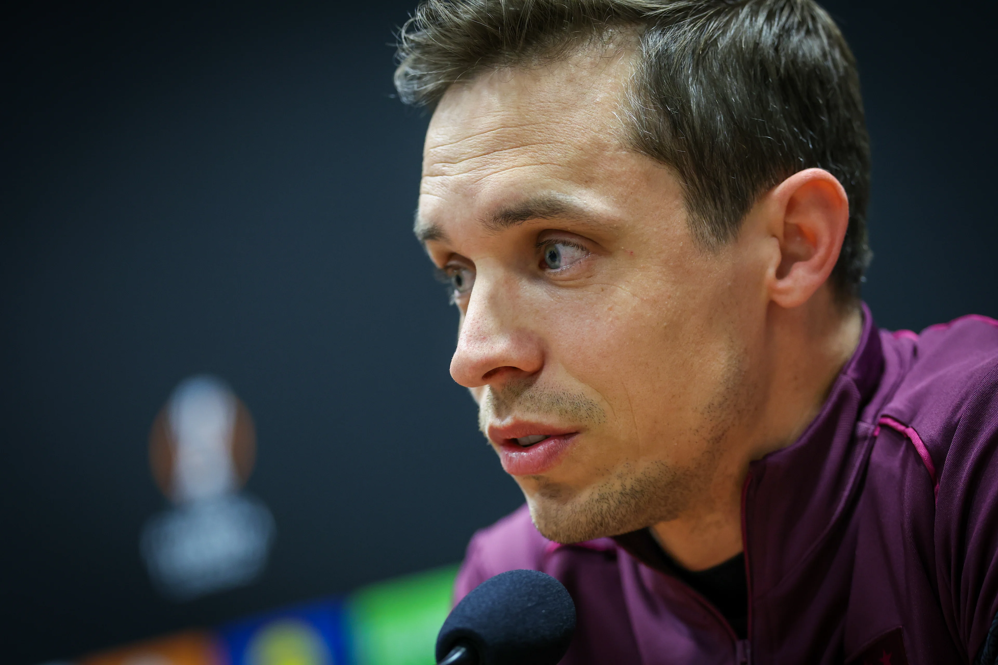 Anderlecht's head coach David Hubert pictured during a press conference of Belgian soccer team RSC Anderlecht, Wednesday 22 January 2025 in Plzen, Czech Republic. Tomorrow, Anderlecht will play Czech Viktoria Plzen on day 7/8 of the group stage of the UEFA Europa League tournament. BELGA PHOTO VIRGINIE LEFOUR