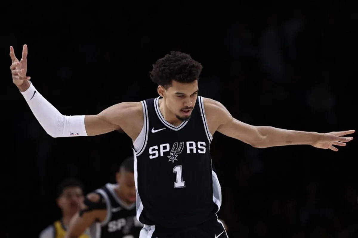 San Antonio Spurs' French forward-center #01 Victor Wembanyama reacts during the NBA basketball game between the Indiana Pacers and the San Antonio Spurs at the Accor Arena - Palais Omnisports de Paris-Bercy - in Paris on January 23, 2025. FRANCK FIFE / AFP