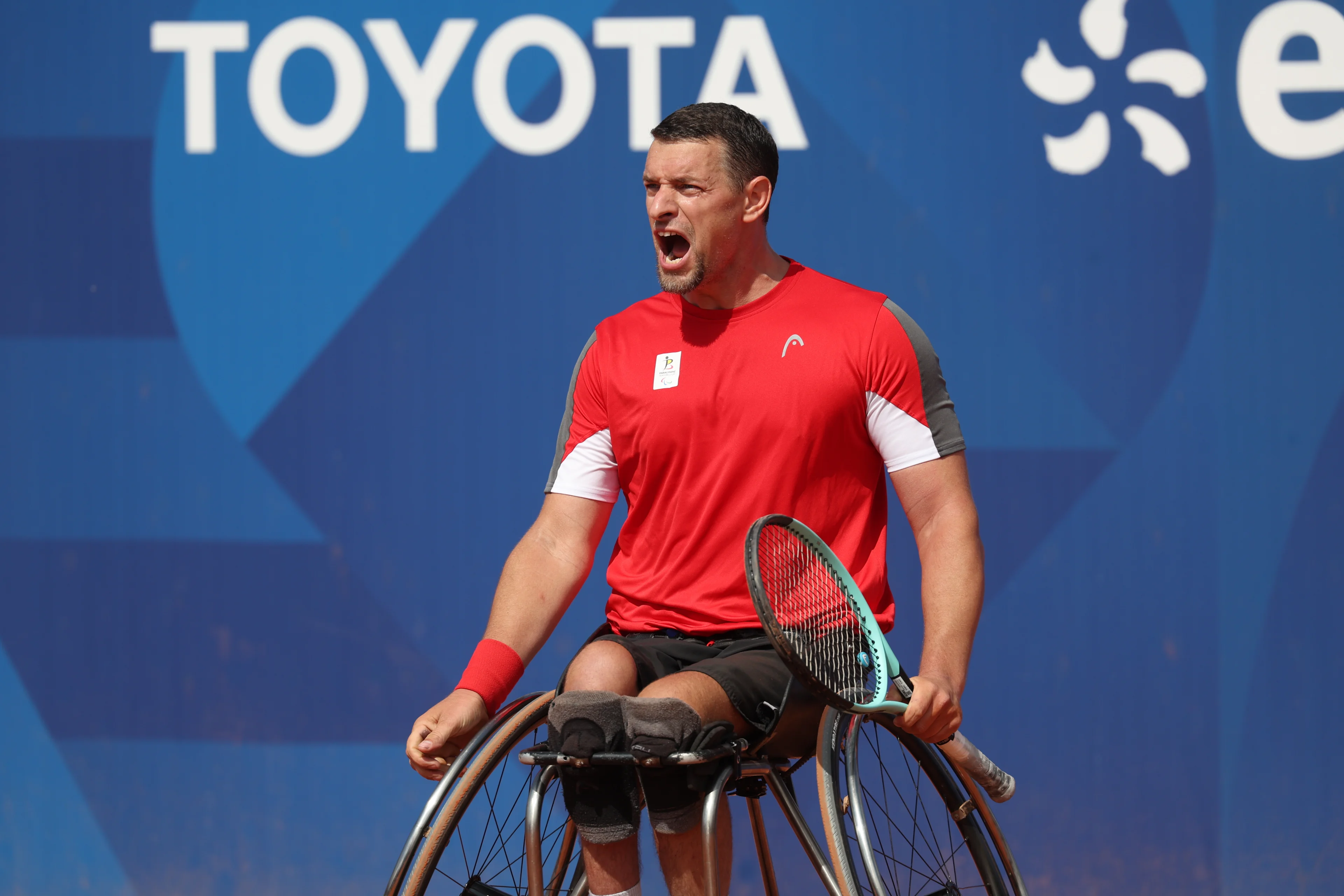 Belgian Joachim Gerard reacts during a game between Belgian Gerard and French Menguy, in the Men's Singles, 2nd round of the wheelchair tennis competition, on day 5 of the 2024 Summer Paralympic Games in Paris, France on Sunday 01 September 2024. The 17th Paralympics are taking place from 28 August to 8 September 2024 in Paris. BELGA PHOTO VIRGINIE LEFOUR