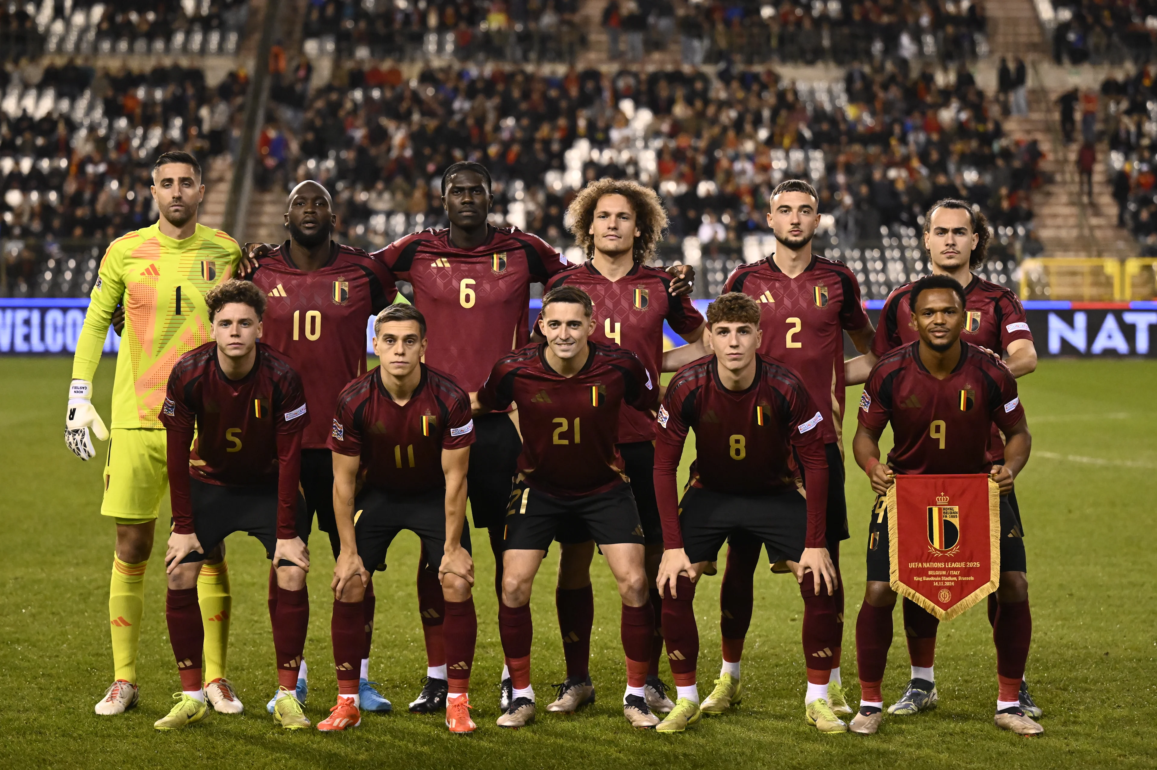 Belgium's players pose for a team picture at the start of a soccer game between Belgian national soccer team Red Devils and Italy, match 5 (out of 6) in the League A Group 2 of the UEFA Nations League 2025 competition, Thursday 14 November 2024 in Brussels. BELGA PHOTO DIRK WAEM