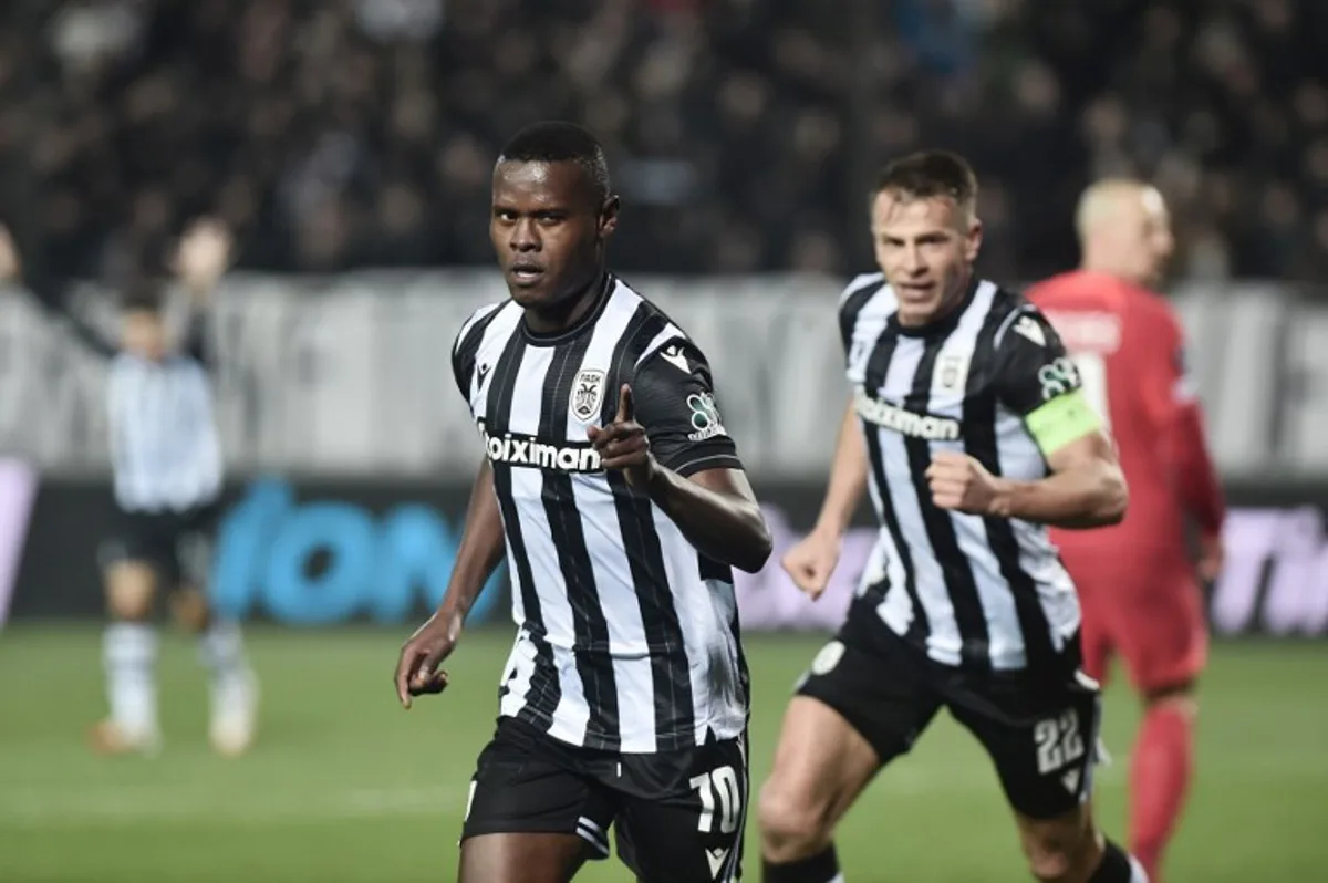 PAOK Tanzanian forward #70 Mbwana Samatta celebrates after scoring a goal during the UEFA Europa League Knockout phase play-offs 1st leg football match between Paok and FCSB at the Toumba Stadium in Thessaloniki, on February 13, 2025. Sakis Mitrolidis / AFP