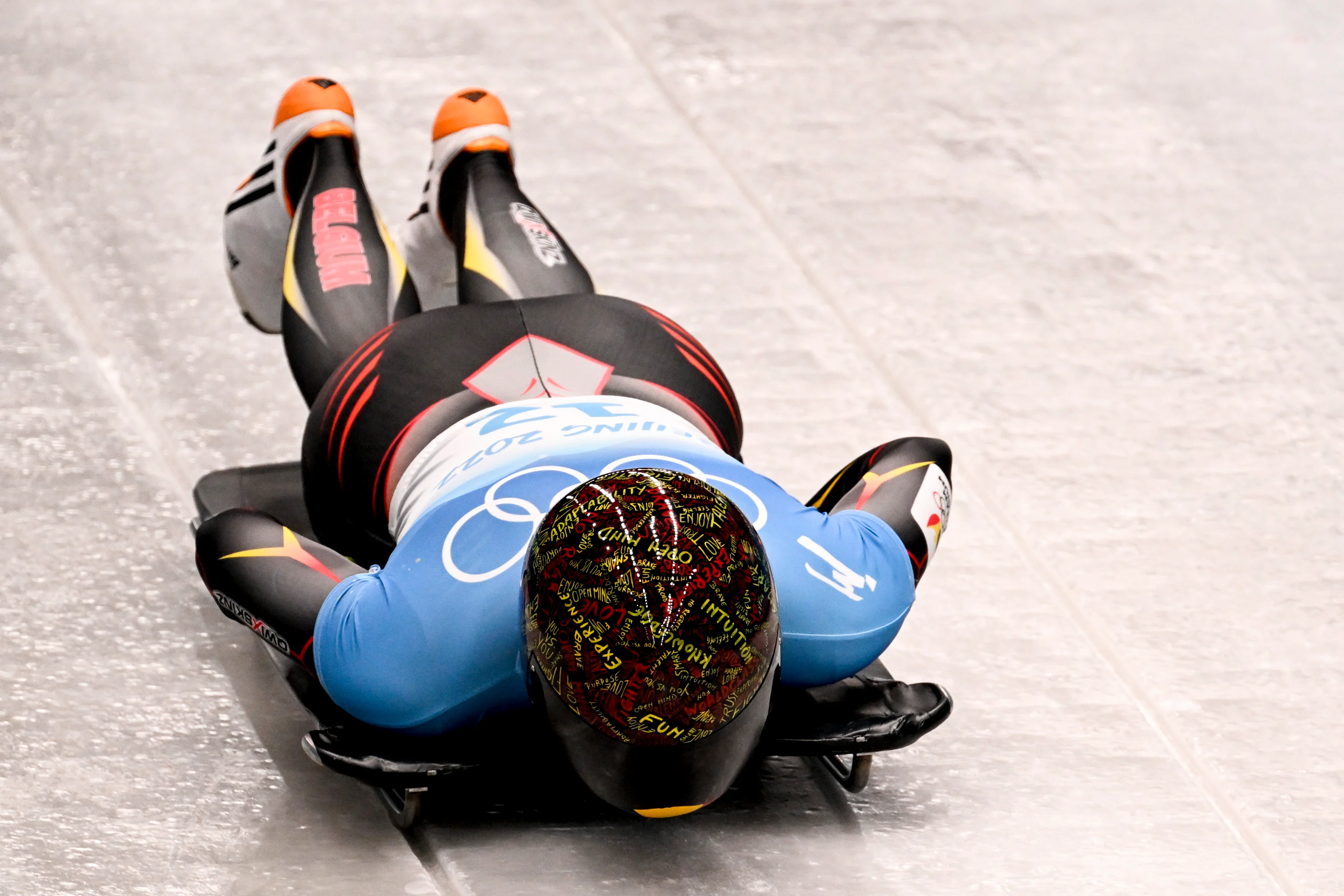 Belgian skeleton athlete Kim Meylemans pictured in action during the third run of the women's Skeleton event at the Beijing 2022 Winter Olympics in Beijing, China, Saturday 12 February 2022. The winter Olympics are taking place from 4 February to 20 February 2022. BELGA PHOTO LAURIE DIEFFEMBACQ