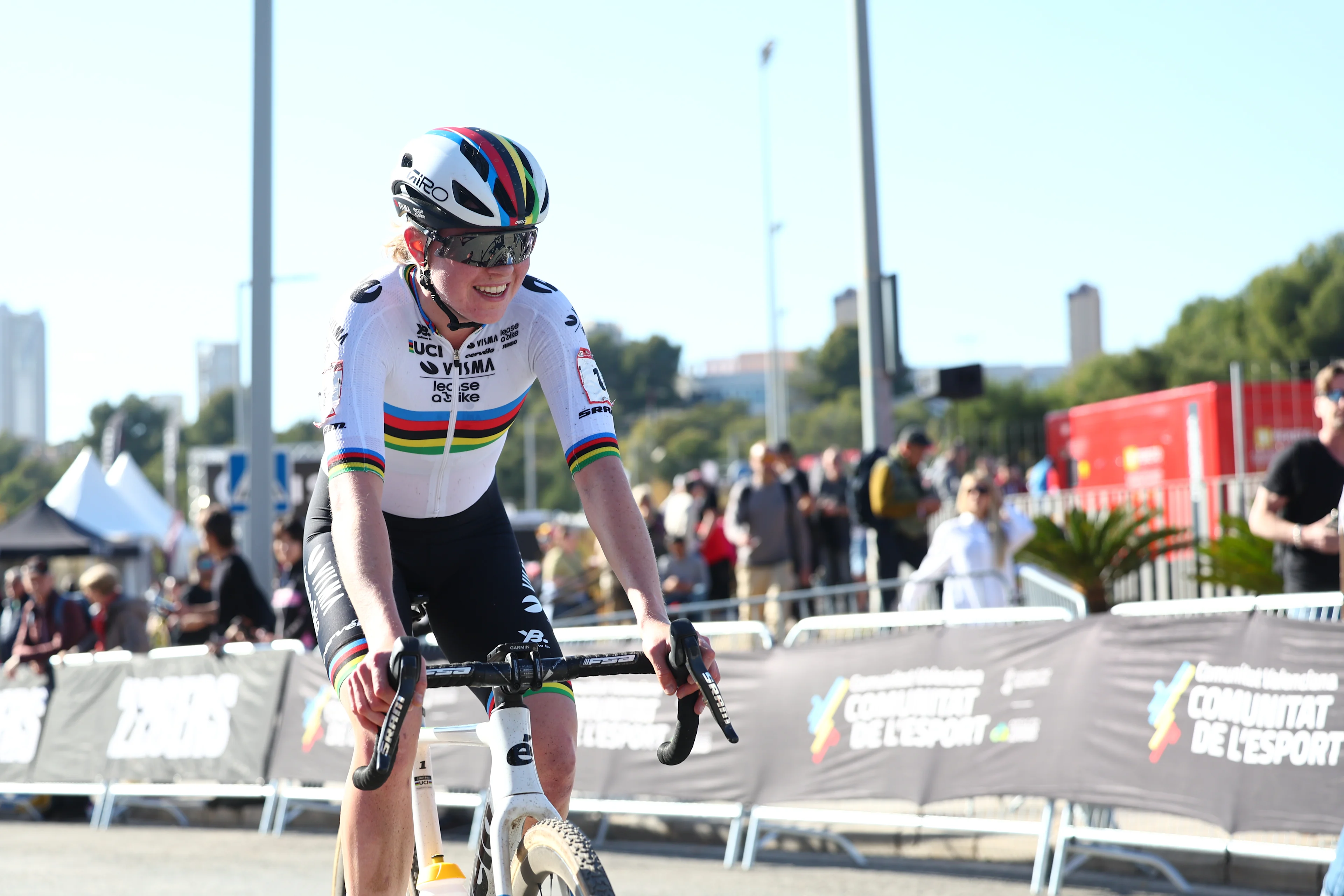 Dutch Fem Van Empel pictured as she crosses the finish line of the women's elite race at the cyclocross cycling event in Benidorm, Spain, , stage 12/14 in the UCI World Cup competition. BELGA PHOTO DAVID PINTENS