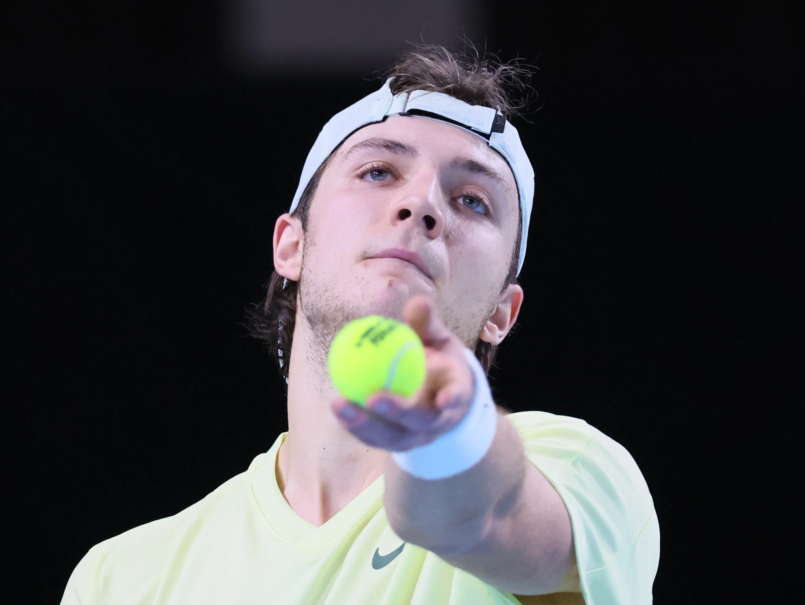 Belgian Tibo Colson pictured in action during a tennis match against German Squire, a qualification match for the men's singles at the BW Open ATP Challenger 125 tournament, in Louvain-la-Neuve,  Monday 22 January 2024. THE BW Open takes place from 22 to 28 January.  BELGA PHOTO BENOIT DOPPAGNE